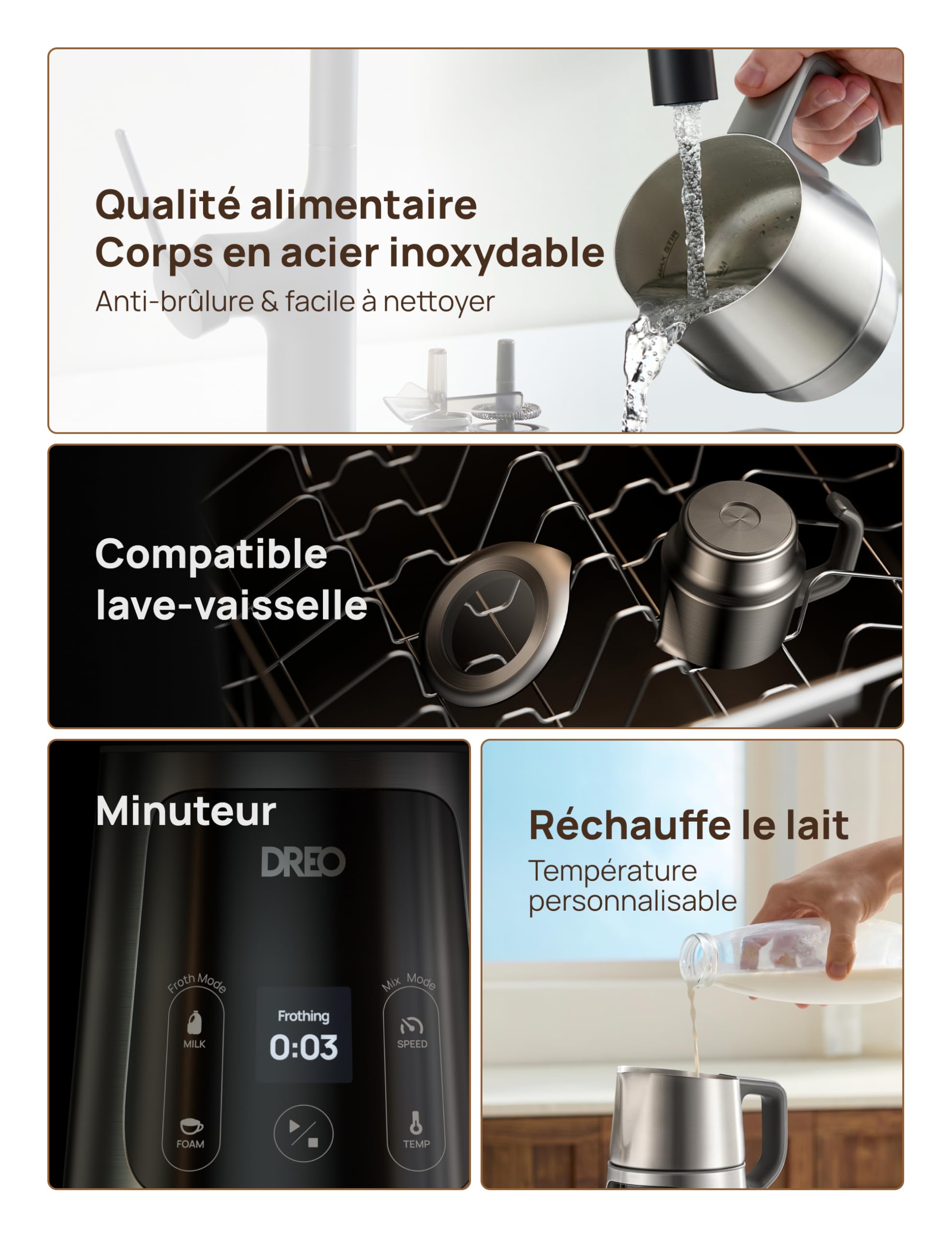 DREO Mousseur à Lait Électrique [Amélioré], Mousseur Automatique All-in-1 de 450ml pour Lait, Cappuccino, Chocolat Chaud, Plus de 30 Boissons, Facile à Nettoyer, Lavable au Lave-vaisselle, Écran LED