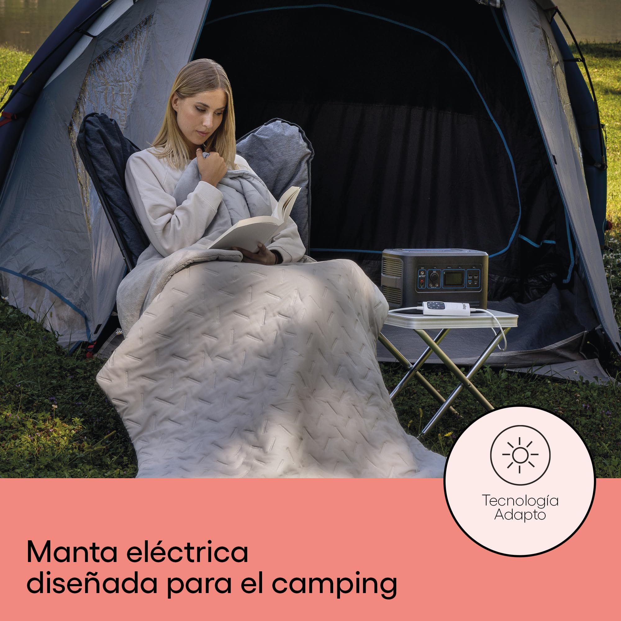Daga CaldoPlaid Adapto Camping, Manta Eléctrica ideal para autocaravana, caravana, tienda de campaña, 160x120 cm, Bajo consumo, Tecnología Adapto, Segura, Calentamiento rápido, 6 Temperaturas, Lavable
