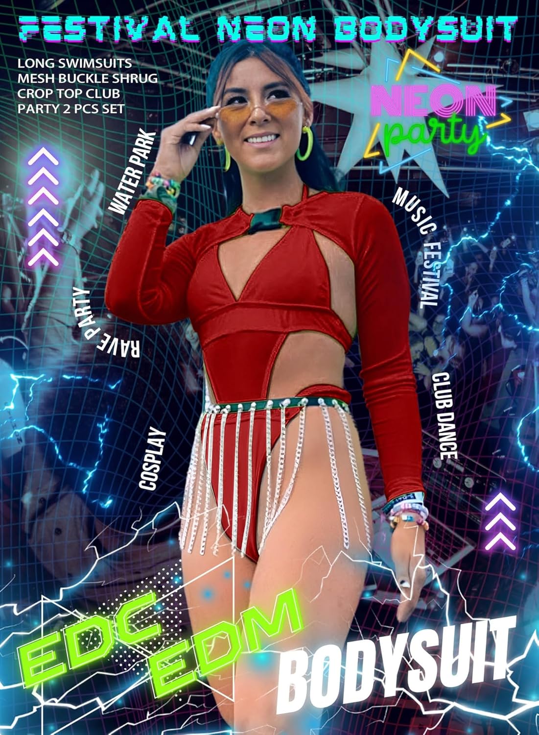 Rave Outfits for Womens - EDC Festival Neon Bodysuit Long Swimsuits Mesh Buckle Shrug Crop Top Club Party 2 Pcs Set - Image 4