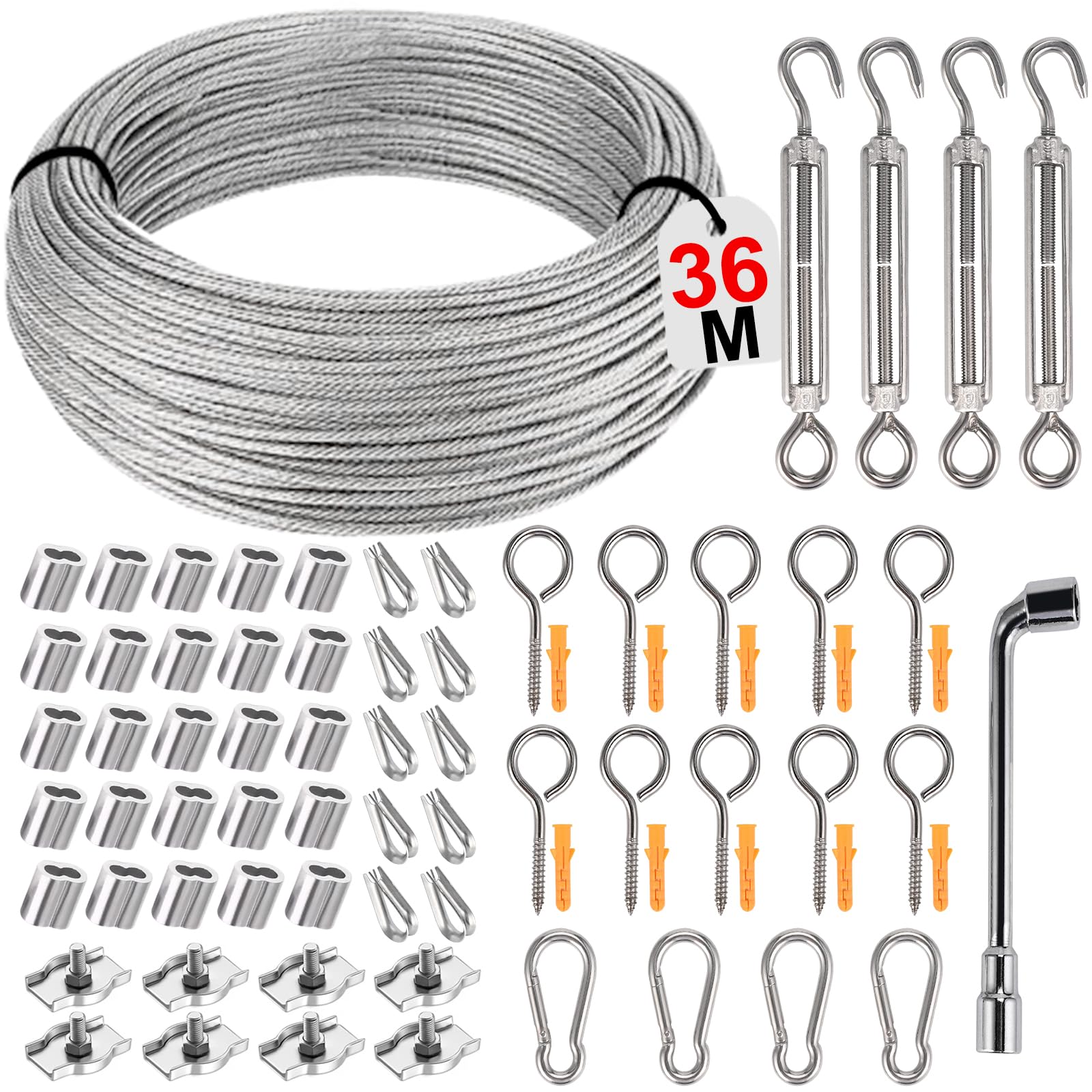 Philtool 73 Pieces Steel Cable Kit, 36 m Stainless Steel Wire Rope 3 mm, 304 Steel Cable Coated with Eyelets Catenary Wire Kit for Fences, Outdoor Lights, Washing Line, Curtain Rope-image-32