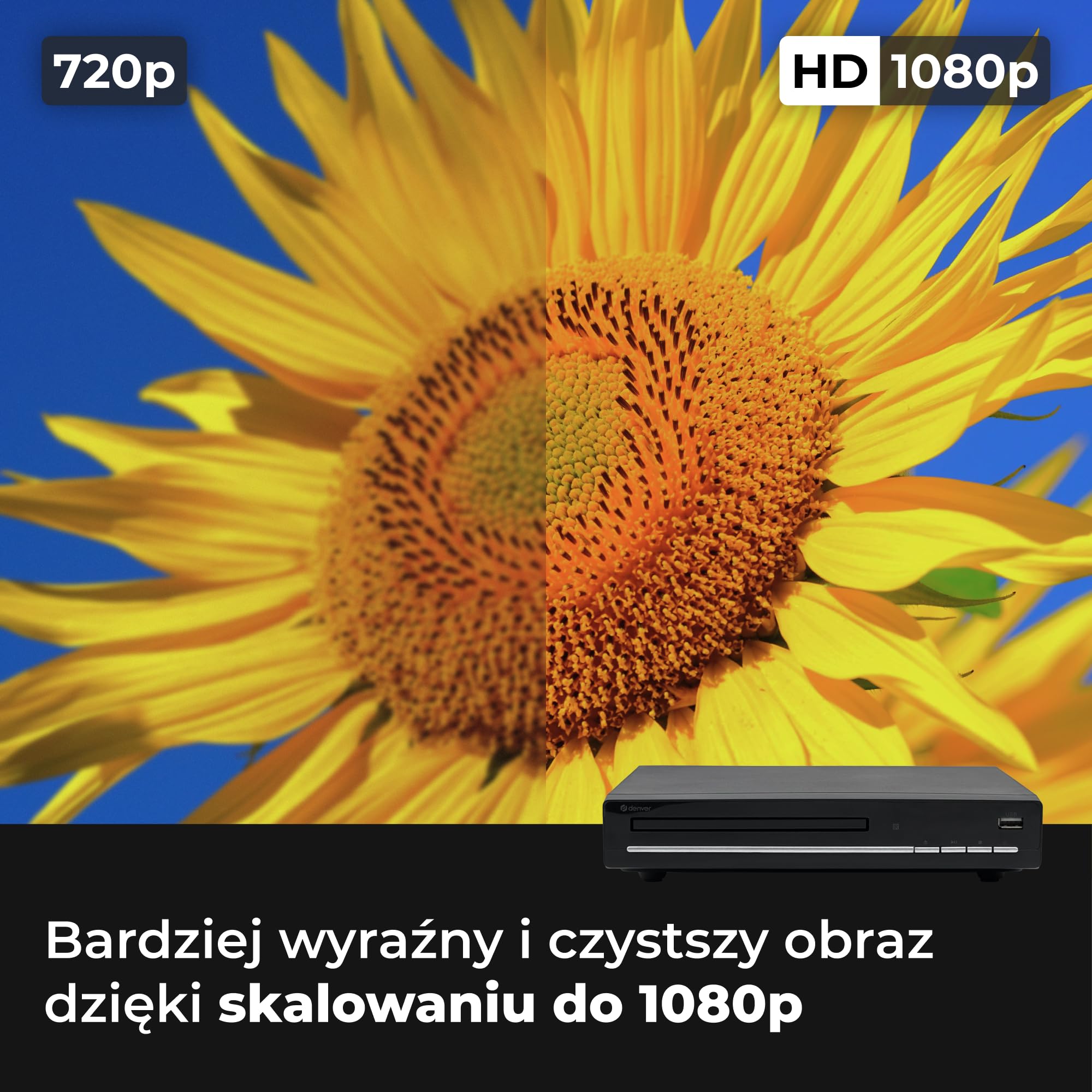 Denver DVH7787 Odtwarzacz DVD Do Telewizora, HDMI, Mini, Wszystkie Regiony, 1080p Upscaling, Dolby Digital, USB, Coax, Scart, Czarny