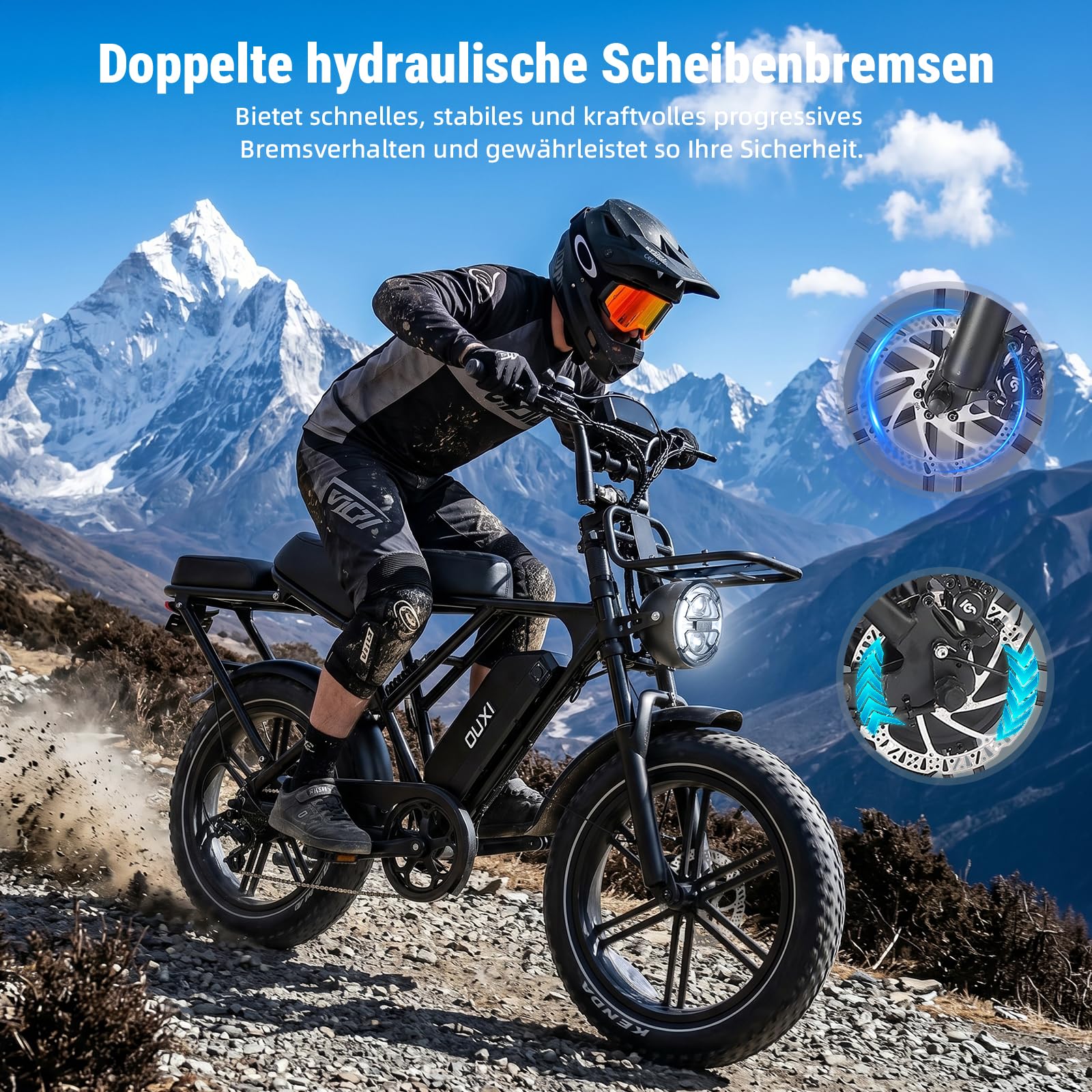 OUXI H9 E-Bike 20 Zoll Fatbike Elektrofahrrad Pedelec, 250W Motor 60Nm, 48V 15Ah Akku 60km, Hydraulische Scheibenbremsen, Vollfederung, Gepäckträger vorne & hinten, mit Blinker