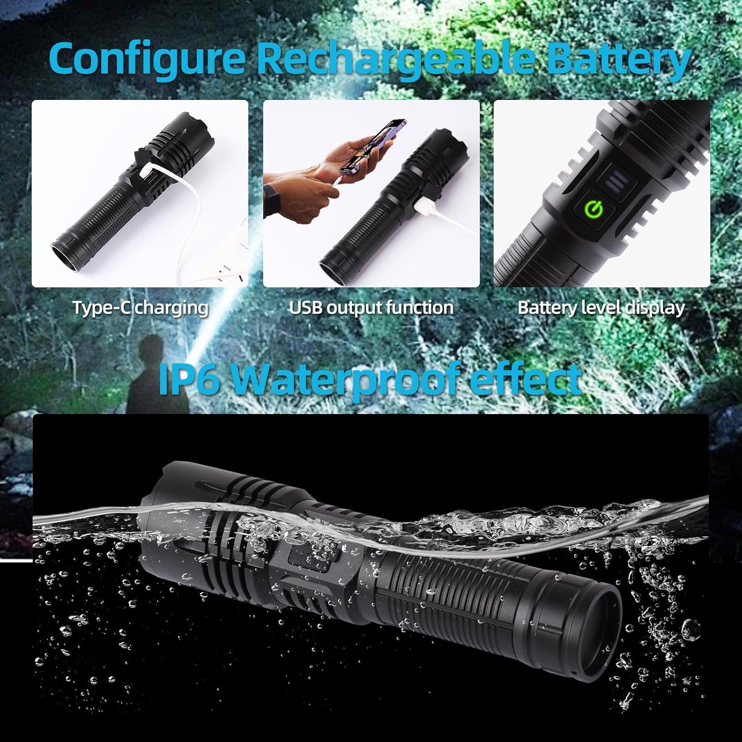 Super Bright LED Rechargeable Flashlights,Zoomable Tactical Flashlights with 6 Modes(UV lamp),6000LM High Powered Flashlight,Waterproof Flash Lights for Camping,Emergency,Outdoor Adventures,Home,Work