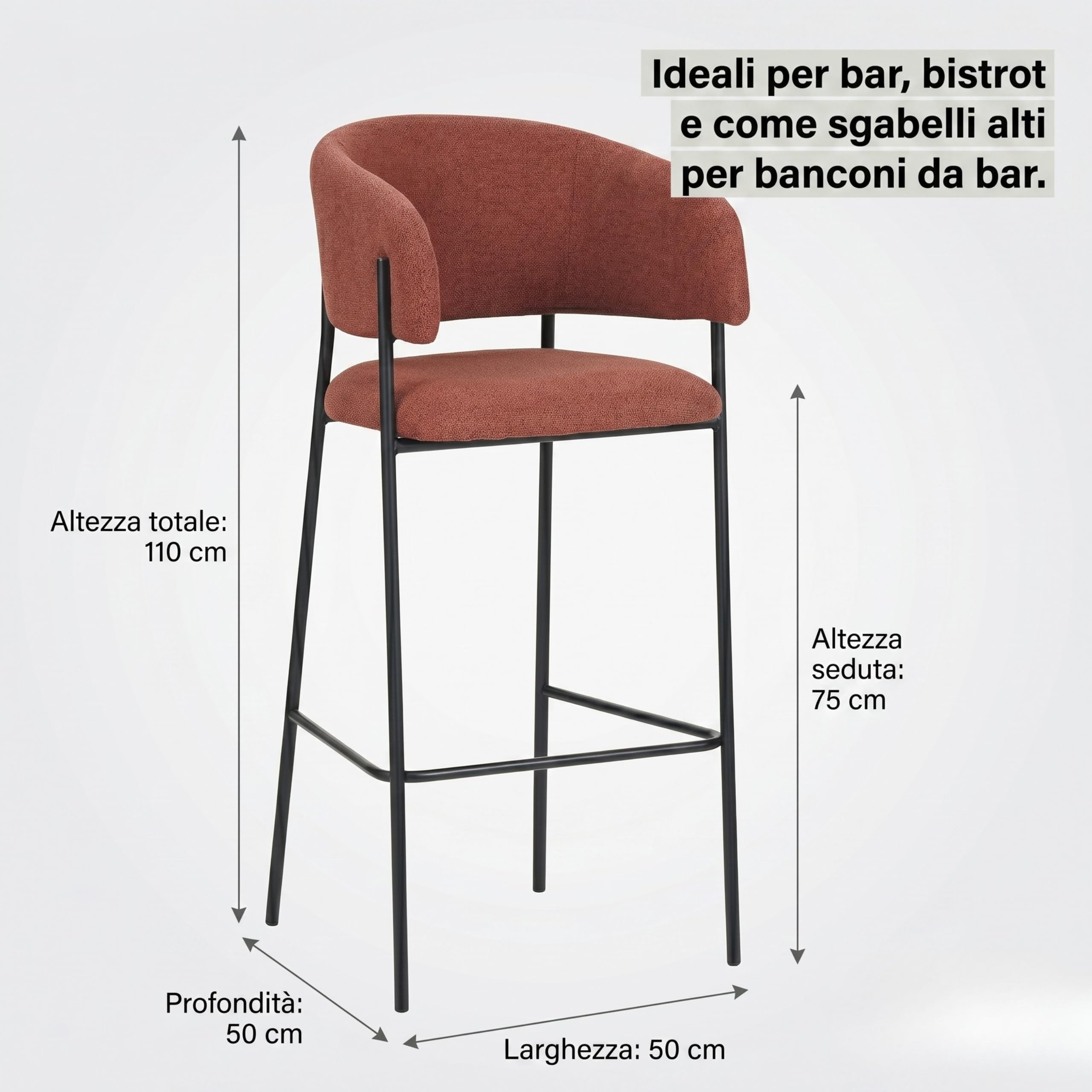 Cribel BRIGITTE Set 2 Sgabelli Alti da Bancone Bar in Tessuto Ruggine con Gambe Nere, Altezza Seduta 75 cm, Design Moderno con Schienale Ergonomico, 50x50x110 cm