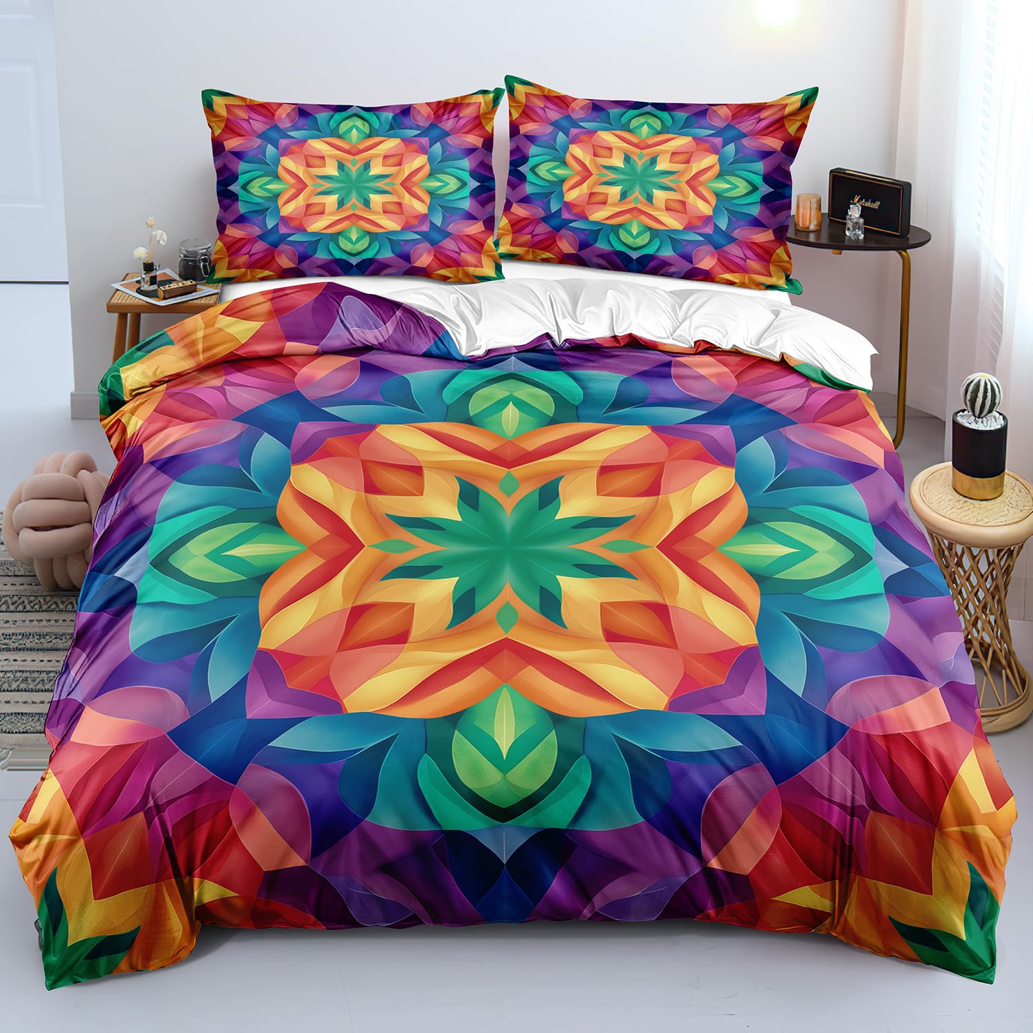 Parure de lit 200x200 housse de couette douce bohème motif mandala et taies d'oreiller