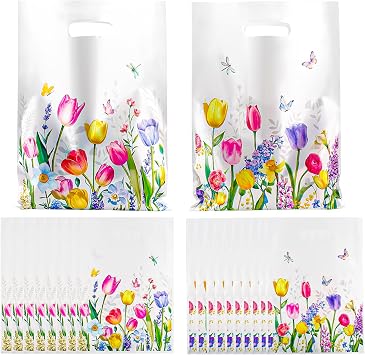 Zi Lan 30pcs Colorful Floral Tulip Party Favor Bags with Handles Spring Flower Plastic Goody Treat Bags for Kids Birthday Baby Shower Party Supplies