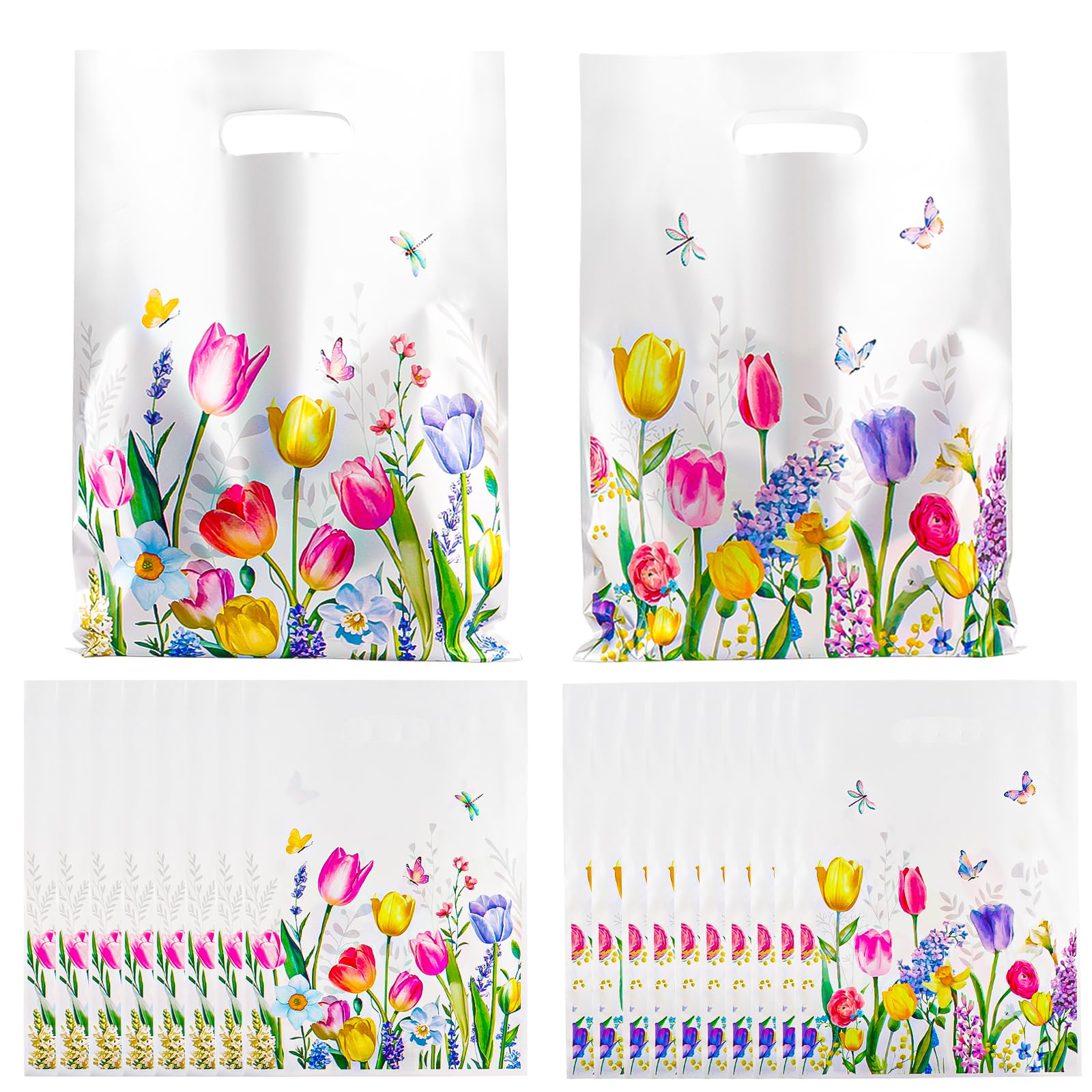 Zi Lan 30pcs Colorful Floral Tulip Party Favor Bags with Handles Spring Flower Plastic Goody Treat Bags for Kids Birthday Baby Shower Party Supplies