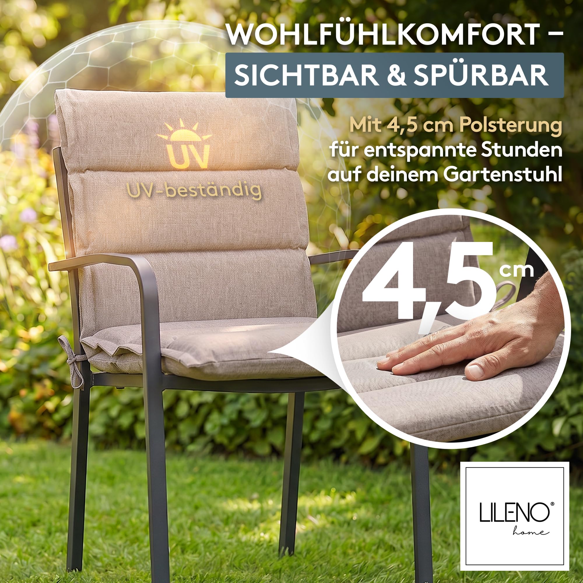 LILENO HOME Gartenstuhl Auflagen als [2er Set - Niedriglehner] in Taupe - Bequeme Liegen als Sitzauflagen für Gartenmöbel - Stuhlkissen für Gartenstühle und Klappstühle