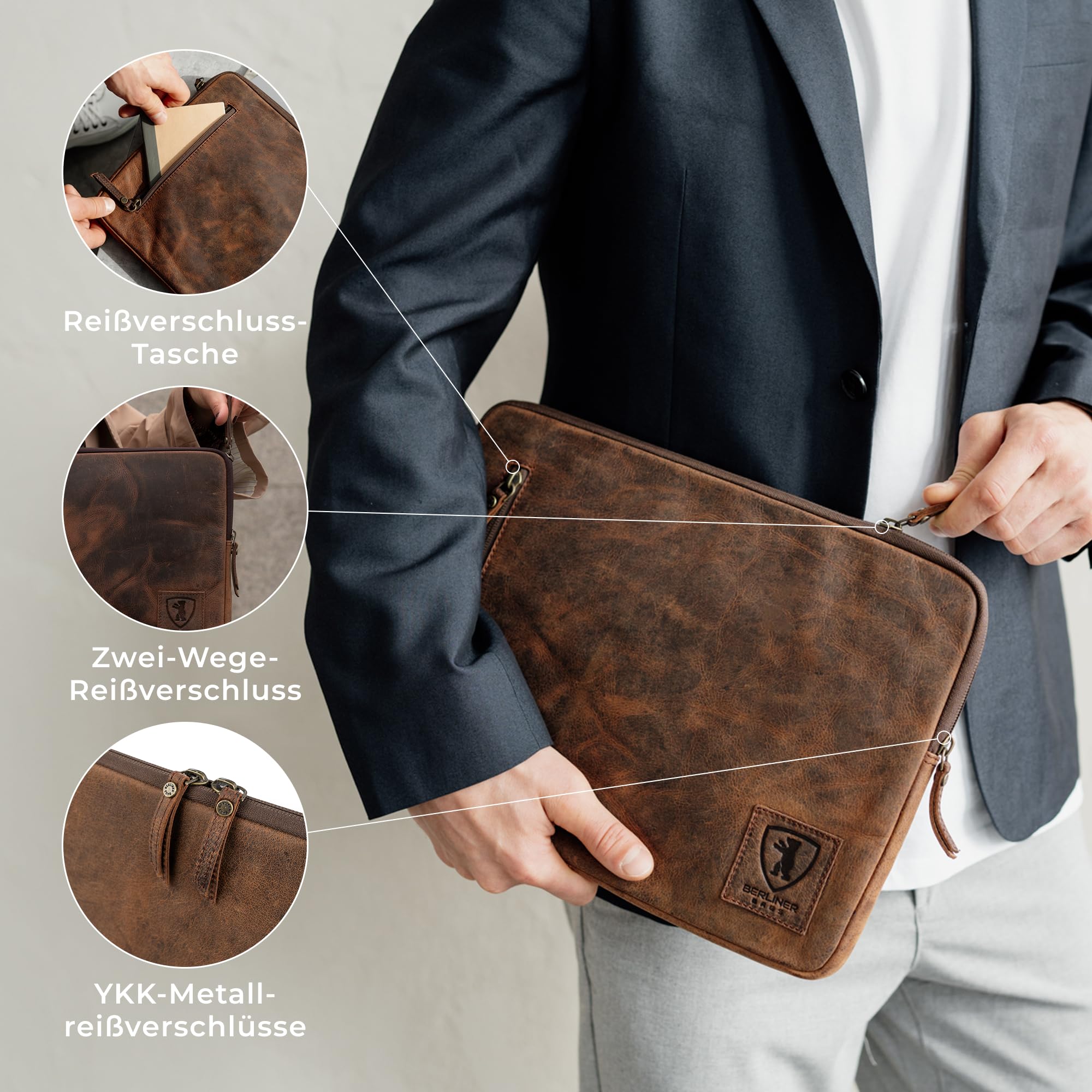 Berliner Bags Laptoptasche Leder Nico Vintage, Schutzhülle 13 Zoll - Braun