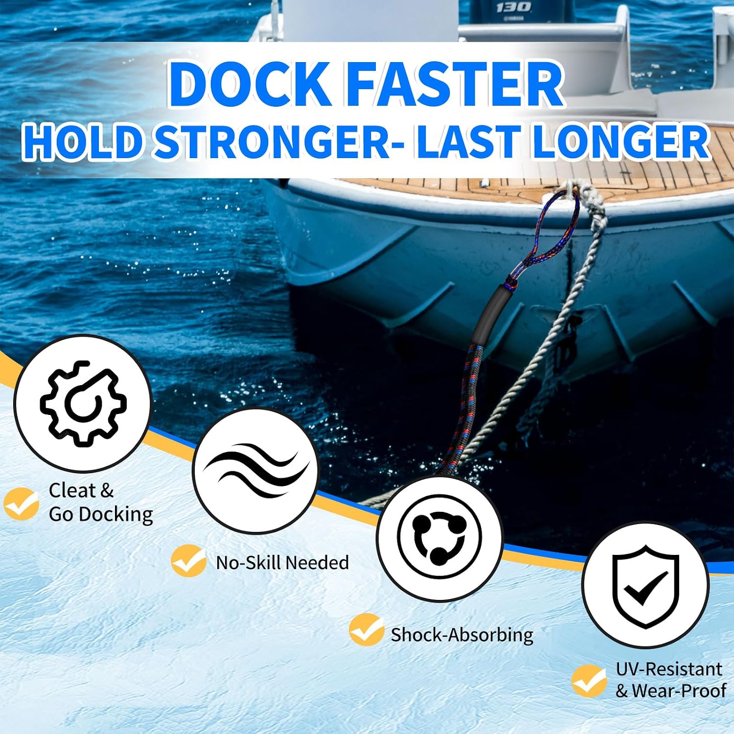 5FT Bungee Dock Line for Boats – Adjustable Elastic Mooring Rope – No-Tangle Quick Tie for PWC, Kayak, Canoe (Black, red & Blue)