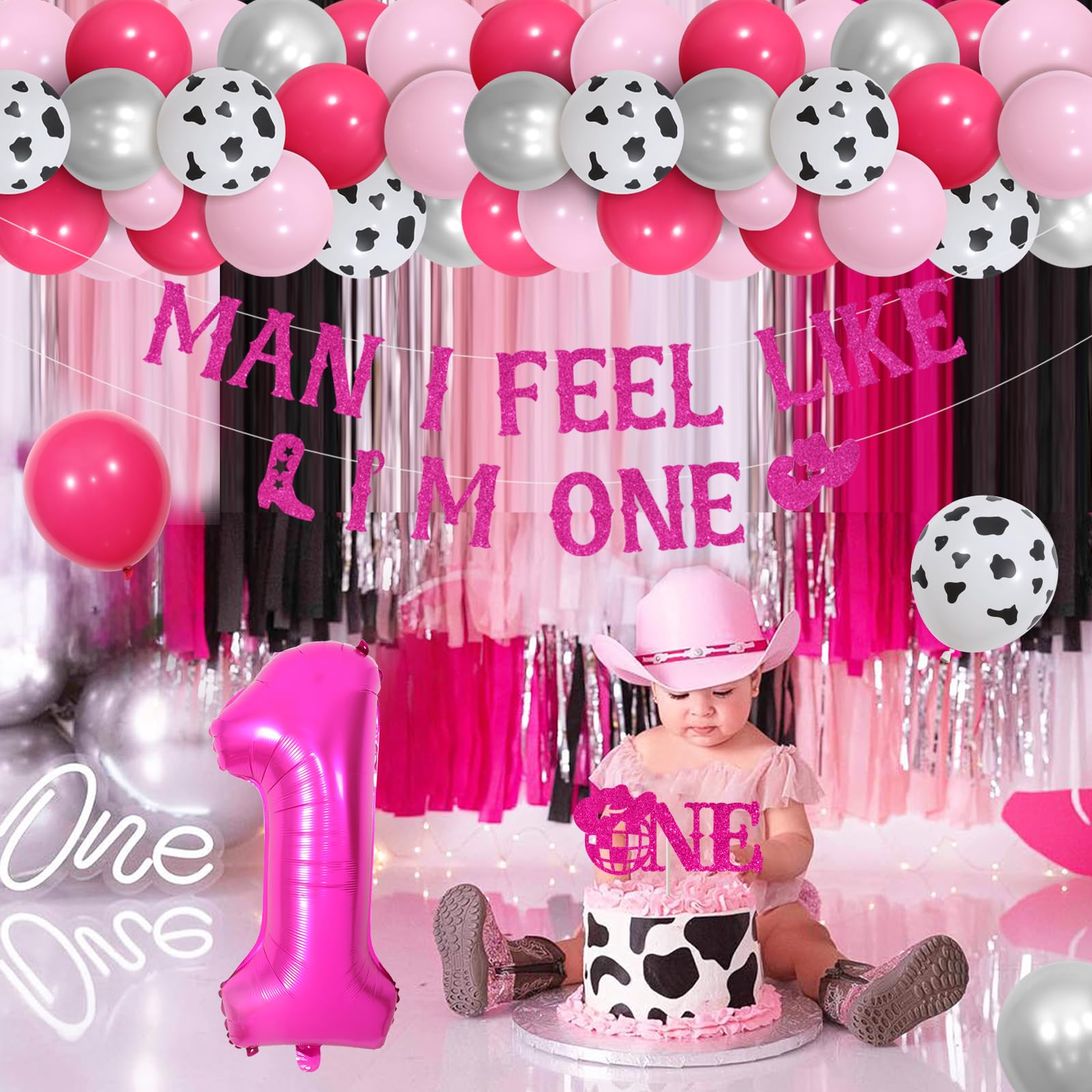 Disco Cowgirl 1st Birthday Decorations Kit – Balloon Garland, Cake Topper, Banner, Curtains For 'Man I Feel Like I'm One' Party - View #3