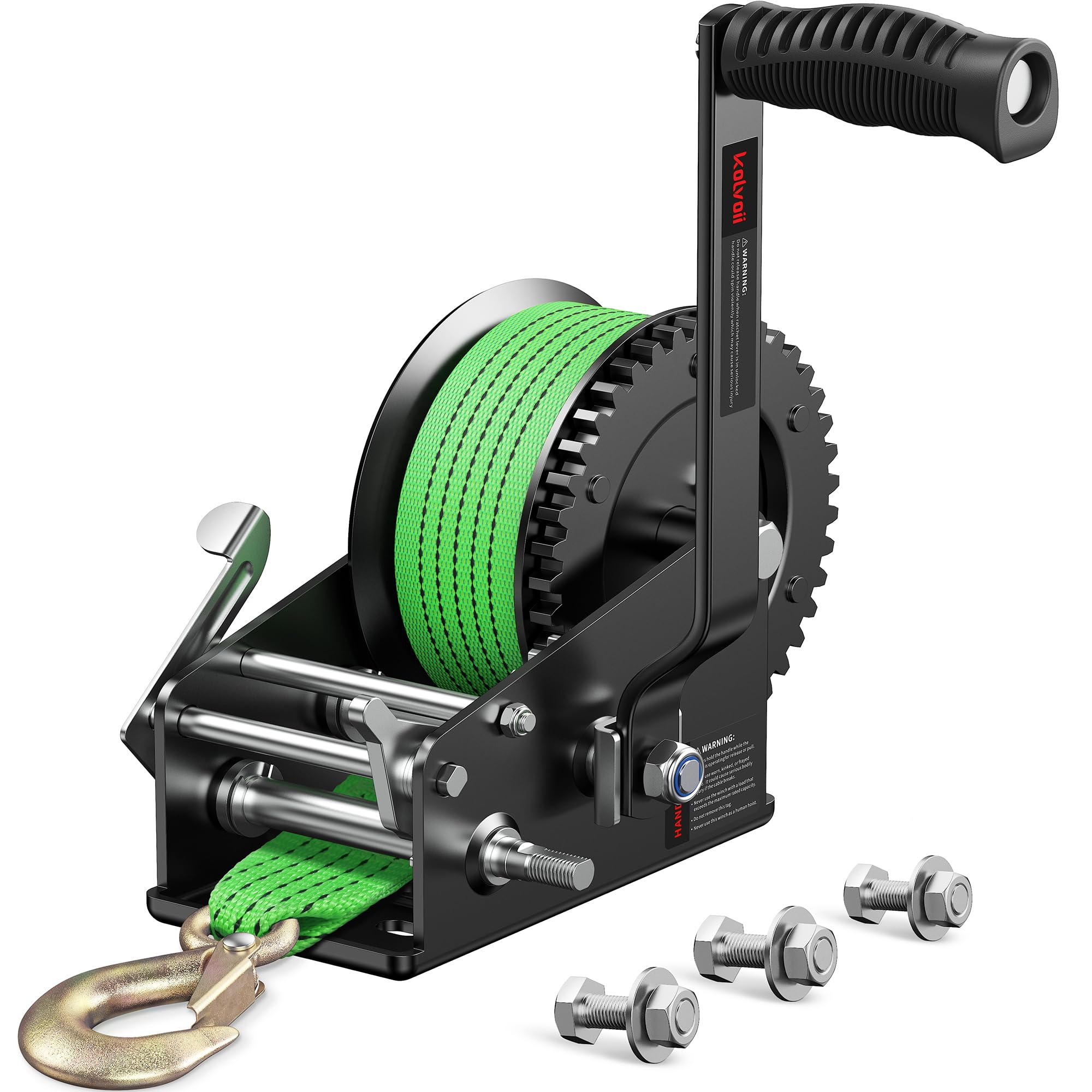 Kolvoii 3500lbs Boat Trailer Winch with 33FT Strap, Heavy Duty Hand Winch 2-Way Ratchet 4:1/8:1 Gear Ratio, Comfortable Handle for Boat, Trailer, Marine, and Jet Ski - Green