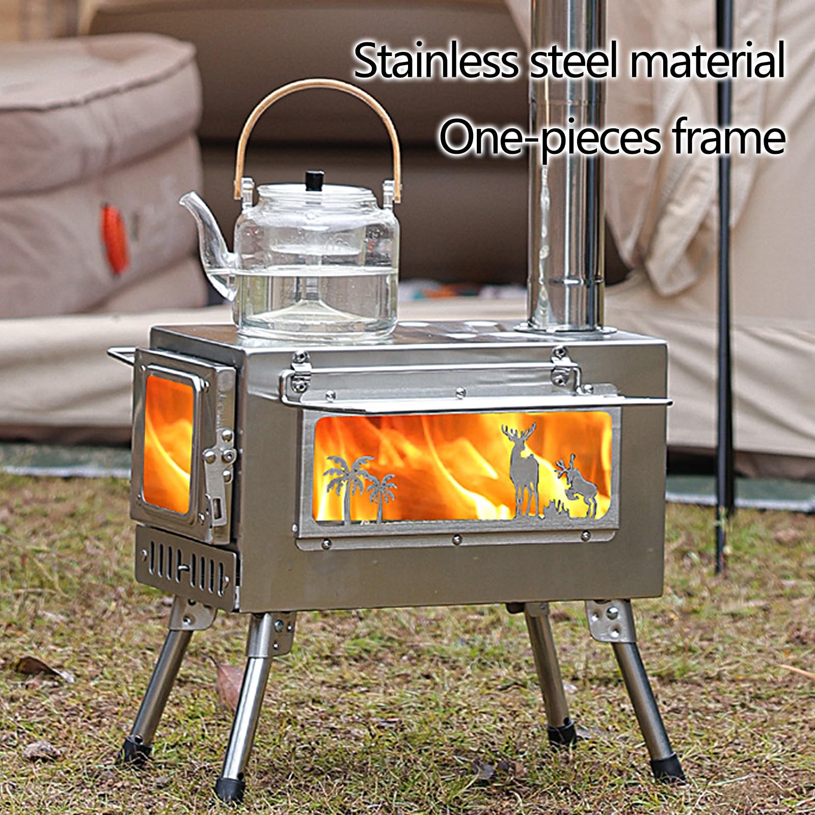 Poele a Bois Portable Pliable Rechaud Camping en Acier Inoxydable avec Conduit de Fumée et Crochet À Feu pour Le Camping, La Cuisines, Les Grillades, La Randonnée, La Pêche, La Chasse(54*44*35.1cm)