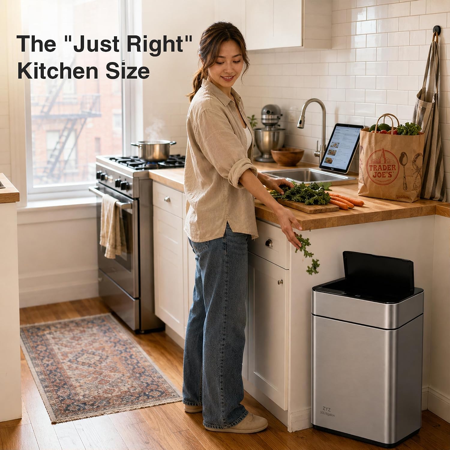 Automatic Trash Can Touchless 8 Gallon / 30L, Motion Sensor Trash Can with USB Rechargeable, Electric Stainless Steel Automatic Garbage Can for Kitchen, Butterfly Soft-Close Lid & Ozone Sanitizing