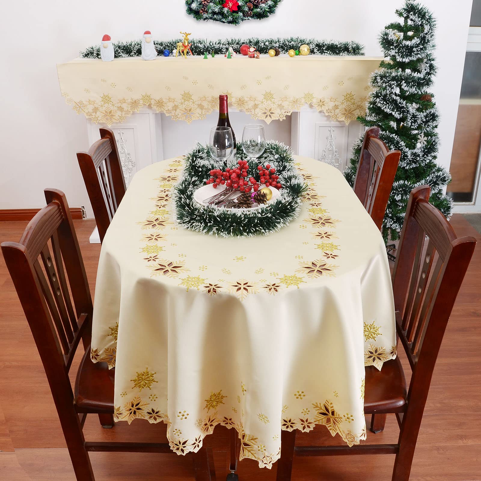 Simhomsen Embroidered Snowflakes Tablecloths for Christmas Holiday and Winter (Oval 57 × 84 inches, Gold) - Image 4