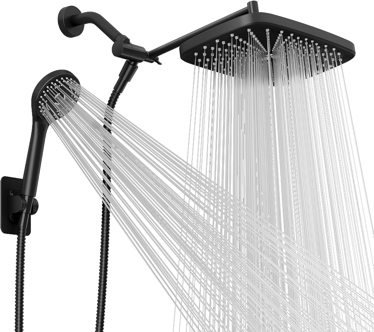 Wide Rain Shower Head With 5 Modes Handheld Showerheads, High Pressure Showerhead Combo with Extension Arm for Bathroom Accessories, Adjustable Shower Head with Anti-Clog Nozzles (Black)