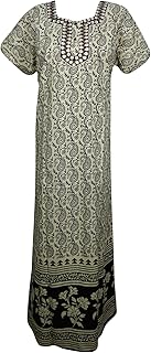 Mogul Interior Women's Caftan Nightgown Black Beige Cotton Evening Night Dress L