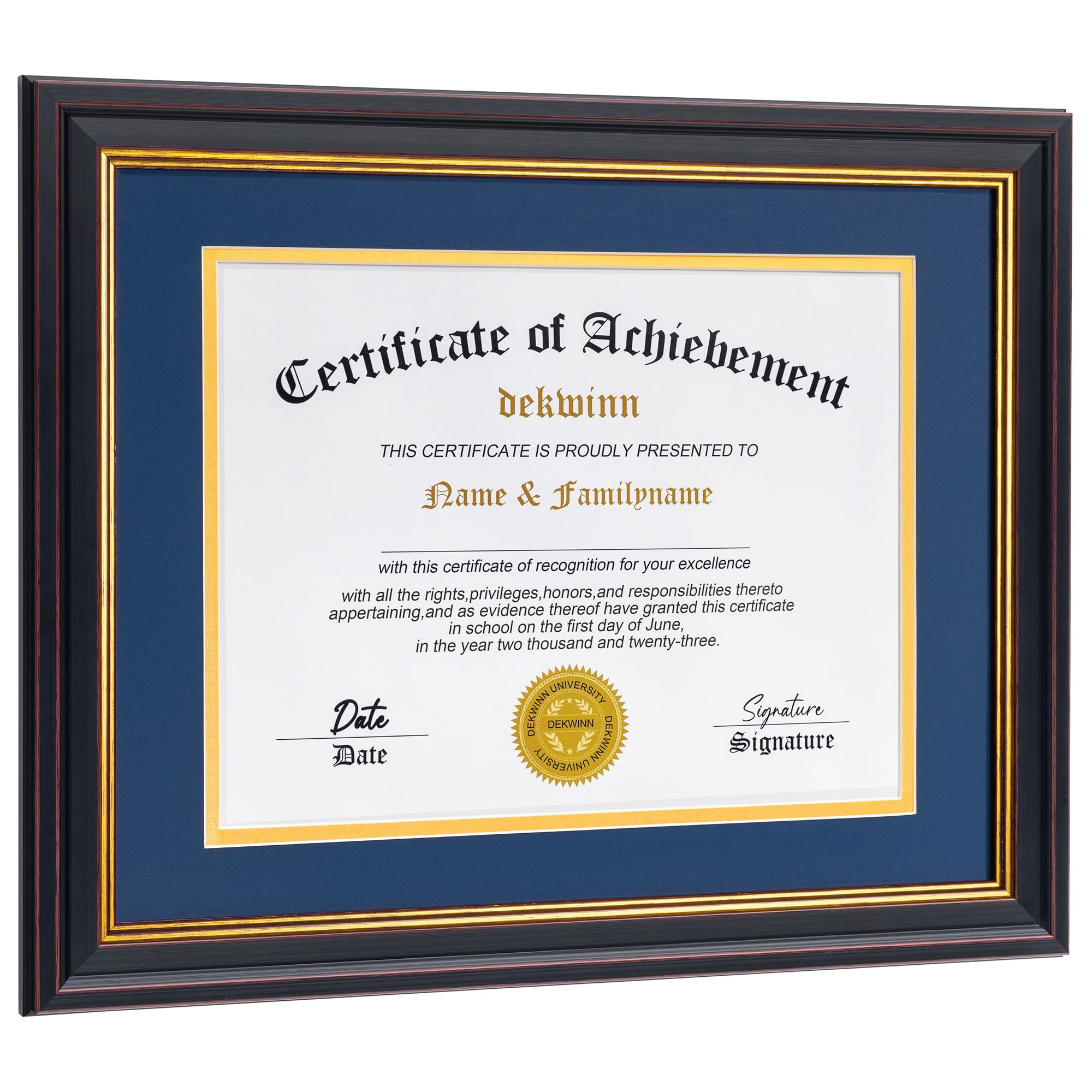 Diploma Frames 8.5x11 with Mat or 11x14 without Mat,1 Pack Certificate Document Frame with Real Glass,Black Gold &amp; Burgundy Molding(Blue/Gold Double Mat)