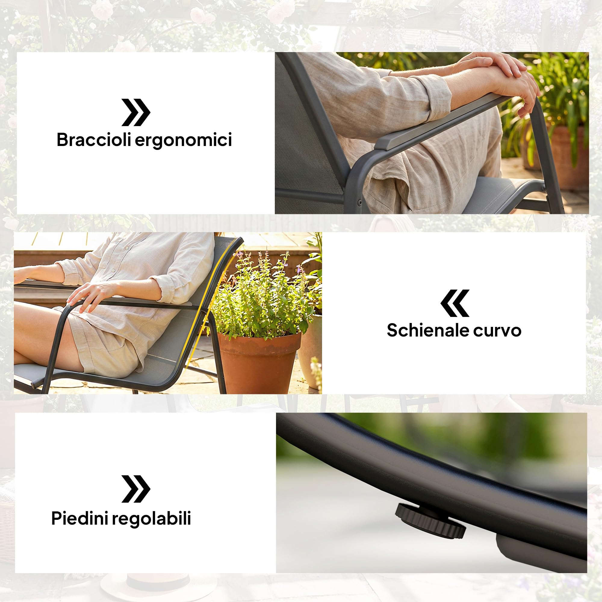 Outsunny Set da Bistrò da 3 Pezzi, Set Tavolo e Sedie da Giardino in Acciaio con 2 Sedie a Dondolo Traspiranti in Texteline e Tavolino in Vetro, per Patio Balcone, Grigio