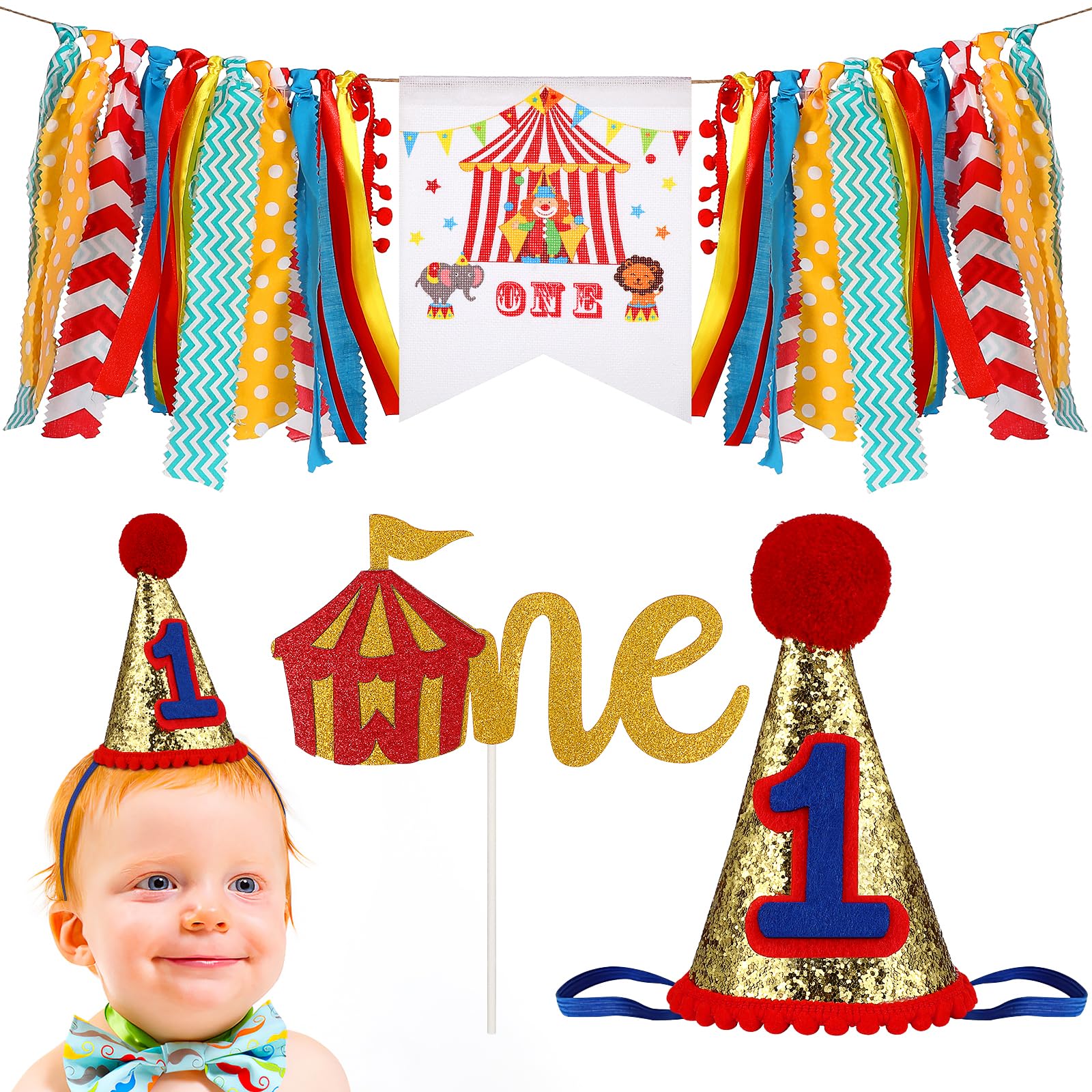 Amosfun 1St Birthday Party Banner Set Circus Theme One Birthday Celebration Decoration Banner Cone Hat and One Flag Photo Props 98.25 X 8.25 Inch