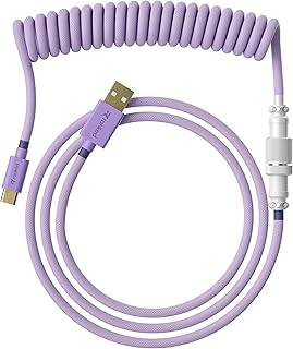 Ranked Coiled Keyboard Cable | Handcrafted Double-Sleeved Braided Cable | USB Type C to A | 5-Pin Aviator Connector for Custom Mechanical Gaming Keyboard | Support Fast Charge 20W (Lavender)