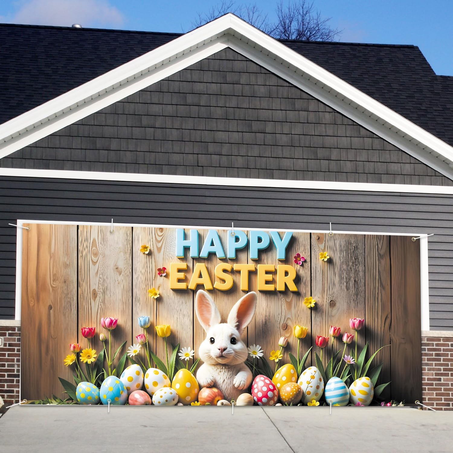16x7 ft Happy Easter Banner for Two Car Garage - Fits Double Garage Door, Classic Bunny & Eggs with “Happy Easter” Sign Large Backdrop, Spring Festival Yard Decor