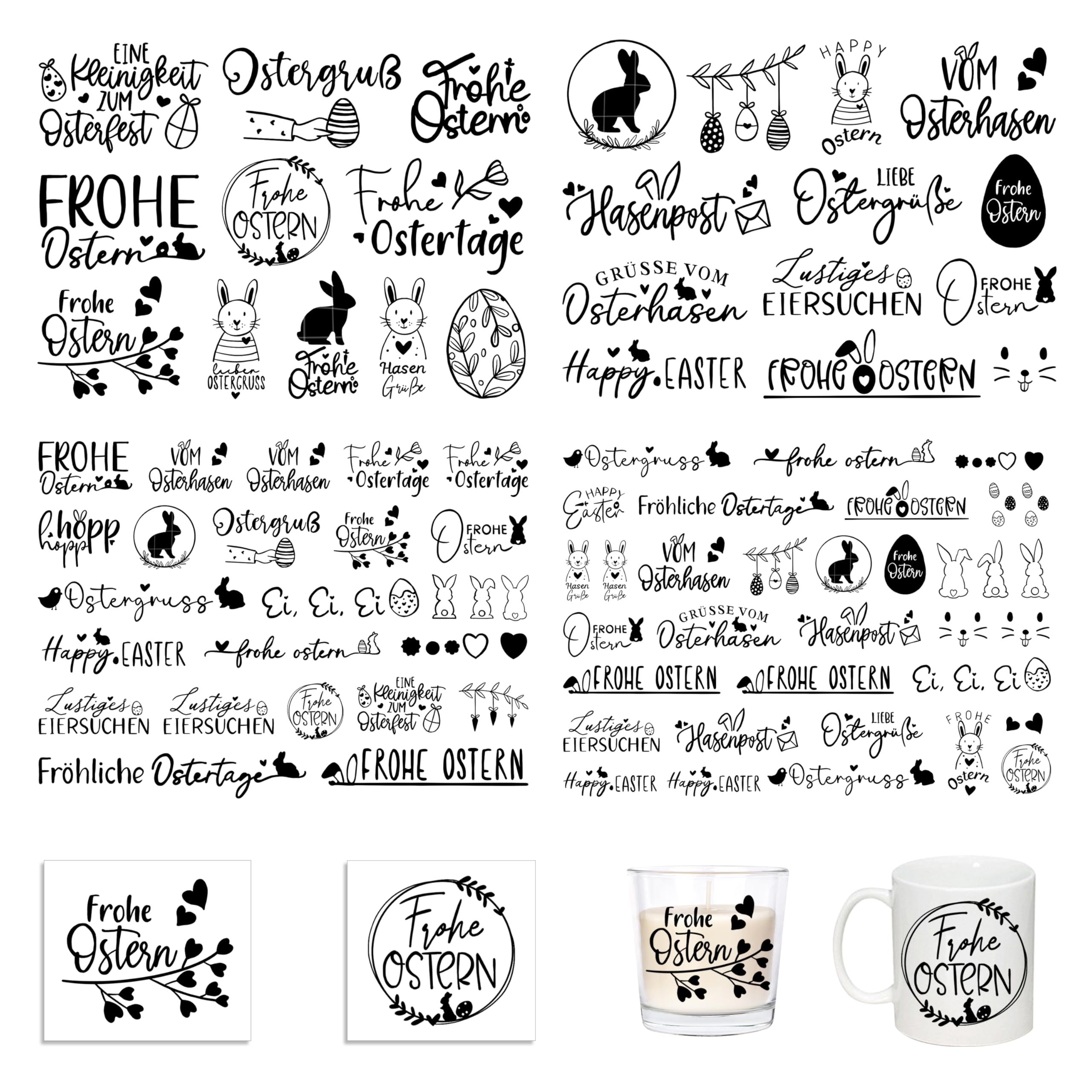 FloraVigo Easy Rub On Sticker, easy rub aufkleber ca.A5 19x14cm-Spruch Deko zum Geburtstag, Keraflott, Hochzeit, Zuhause, Wischfolie für Möbel, Glas, Holz, Fotoalbum, DIY Deko(4PCS) (Ostern 2)