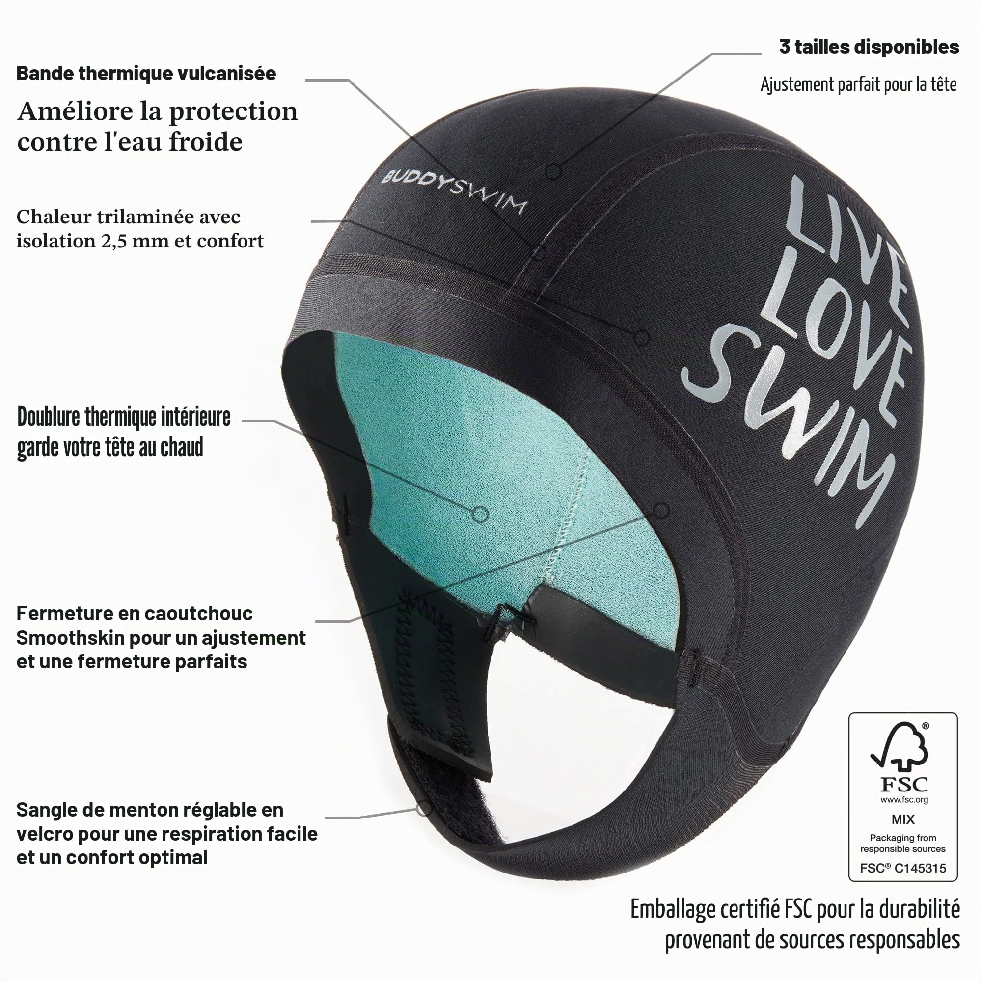 Bonnet Néoprène 2,5 mm pour la Natation en Eau Libre. Bonnet Etanche Isole du Froid avec Fermeture Facile. Utile pour la Plongée sous-Marine, Le Surf et Le Travail dans l'eau.