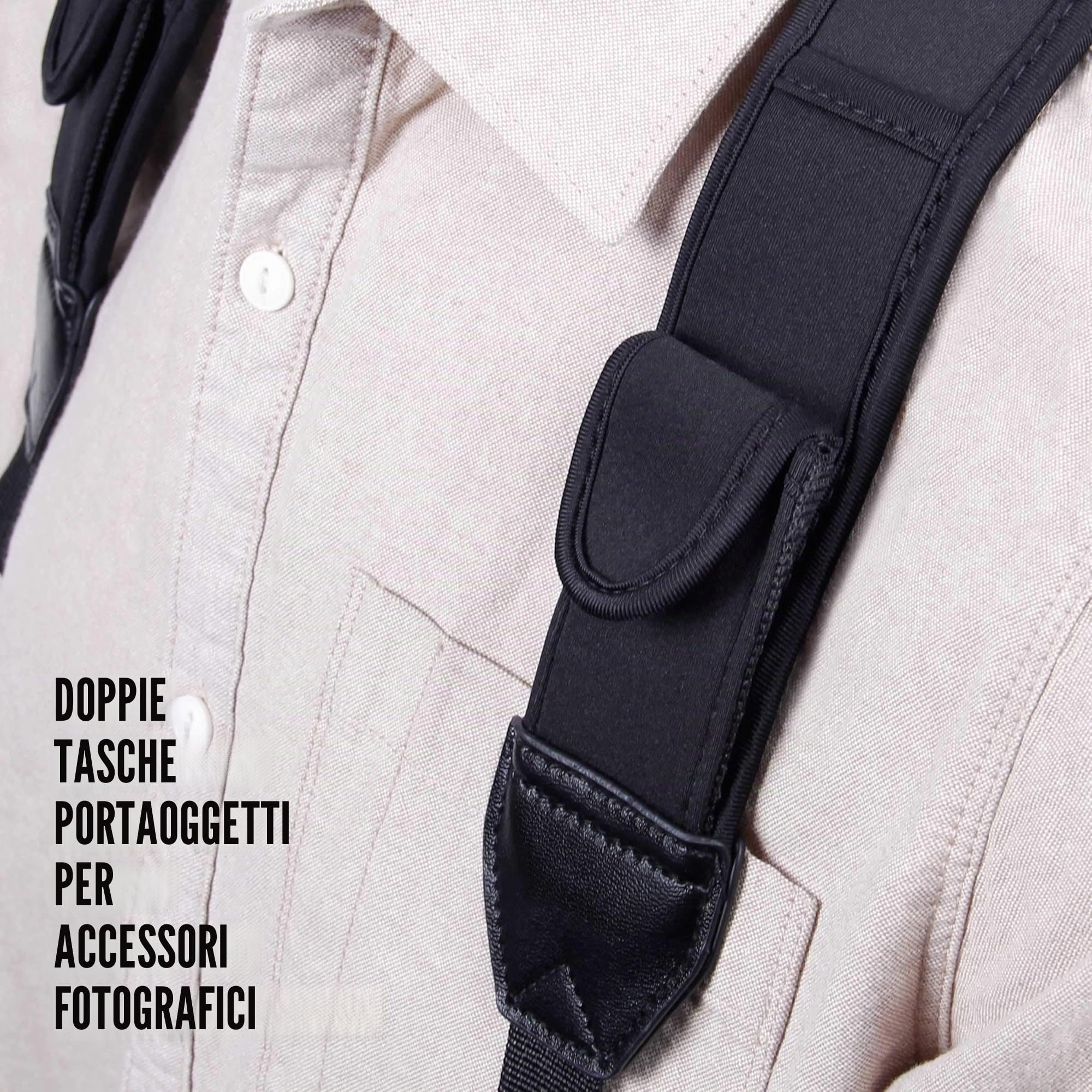 USA Gear Imbracatura pettorale per fotocamera DSLR con fibbie a sgancio rapido, motivo nero e tasche per accessori - Compatibile con fotocamere Canon, Nikon, Sony e altre fotocamere Point and Shoot