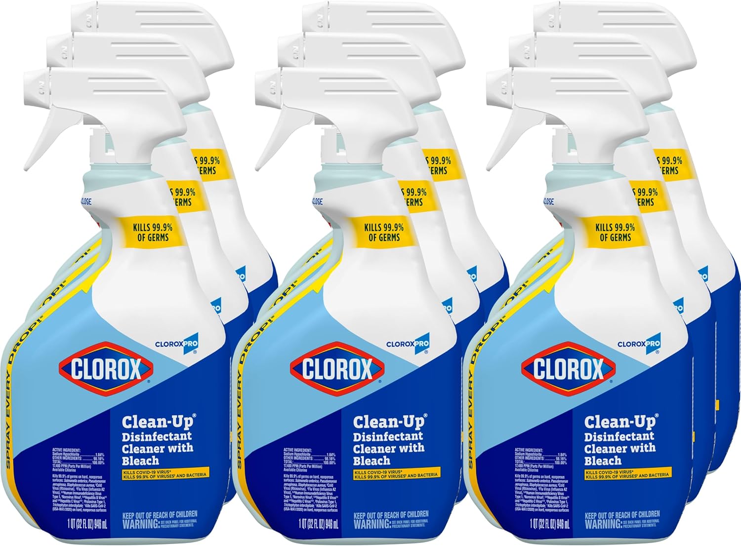 CloroxPro Clorox Clean-Up Disinfectant Cleaner with Bleach Spray, 32 Ounces Each (Pack of 9) (35417) 32 Fl Oz (Pack of 9)