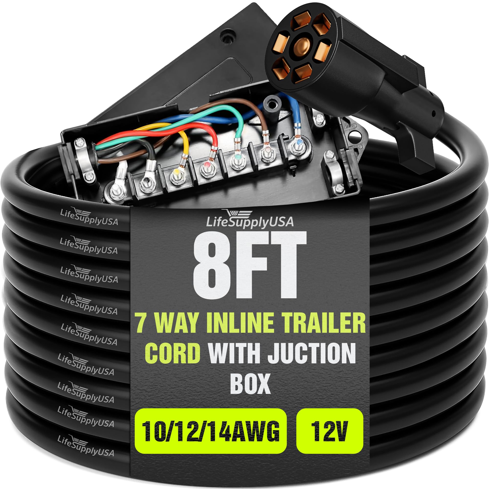 LifeSupplyUSA 7 Way Trailer Plug Heavy Duty Inline Trailer Cord (8ft + Junction Box)
