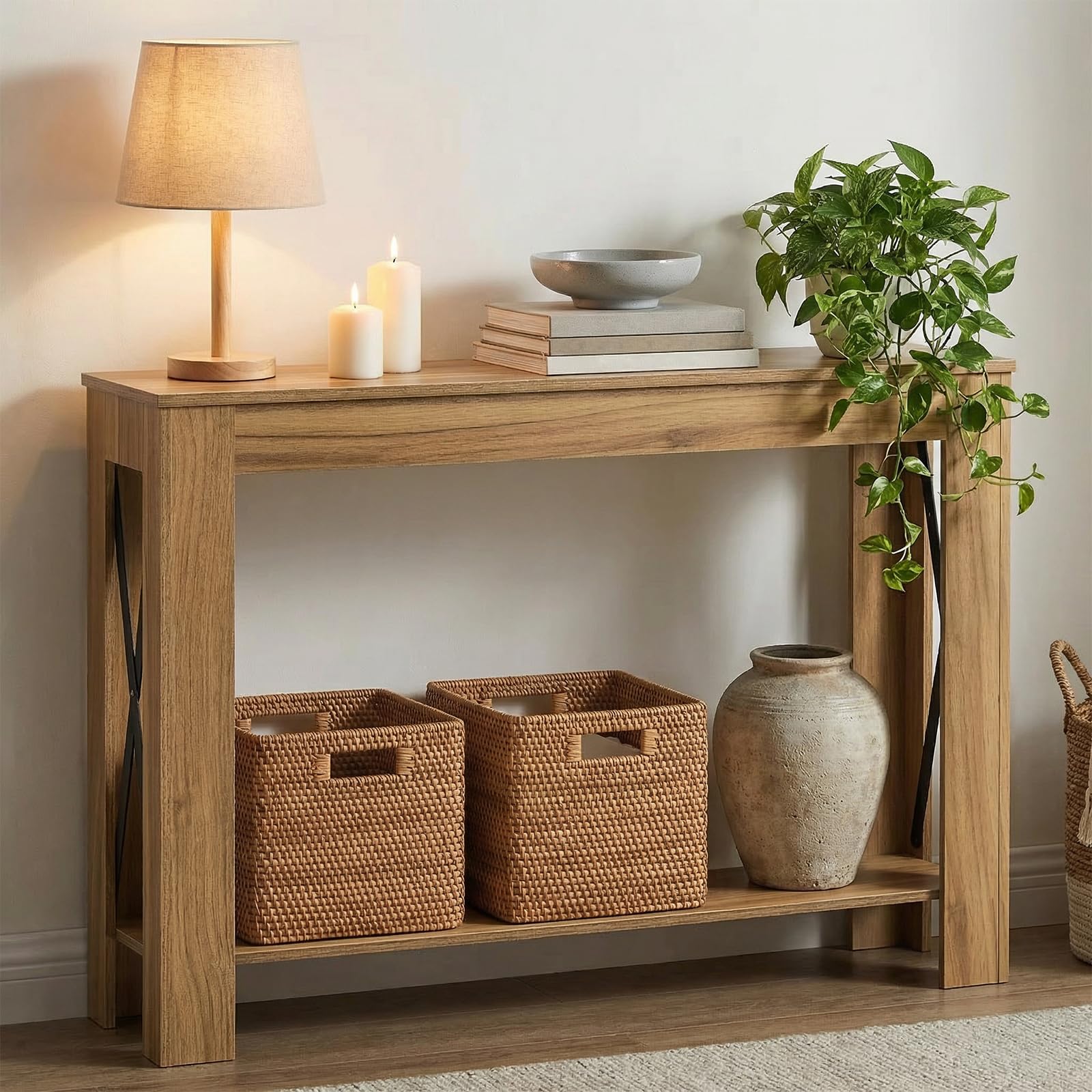 YATINEY Mesa de Consola con Almacenaje, Mesa de Sofá de Estilo Rústico, Mueble Estrecho de Recibidor, para Pasillo, Entrada de Escalera, Entrada, Marrón Claro XCT34VV