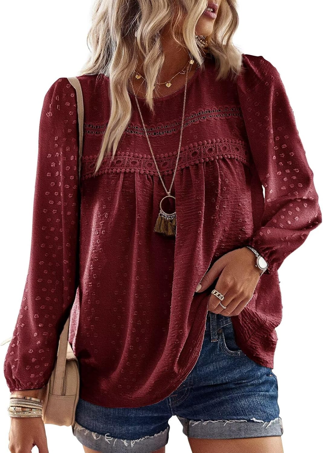 Womens Fall Tops Crewneck Long Sleeve Shirts Casual Chiffon Blouses Flowy Lace Hem Boho Clothing Trendy 2025