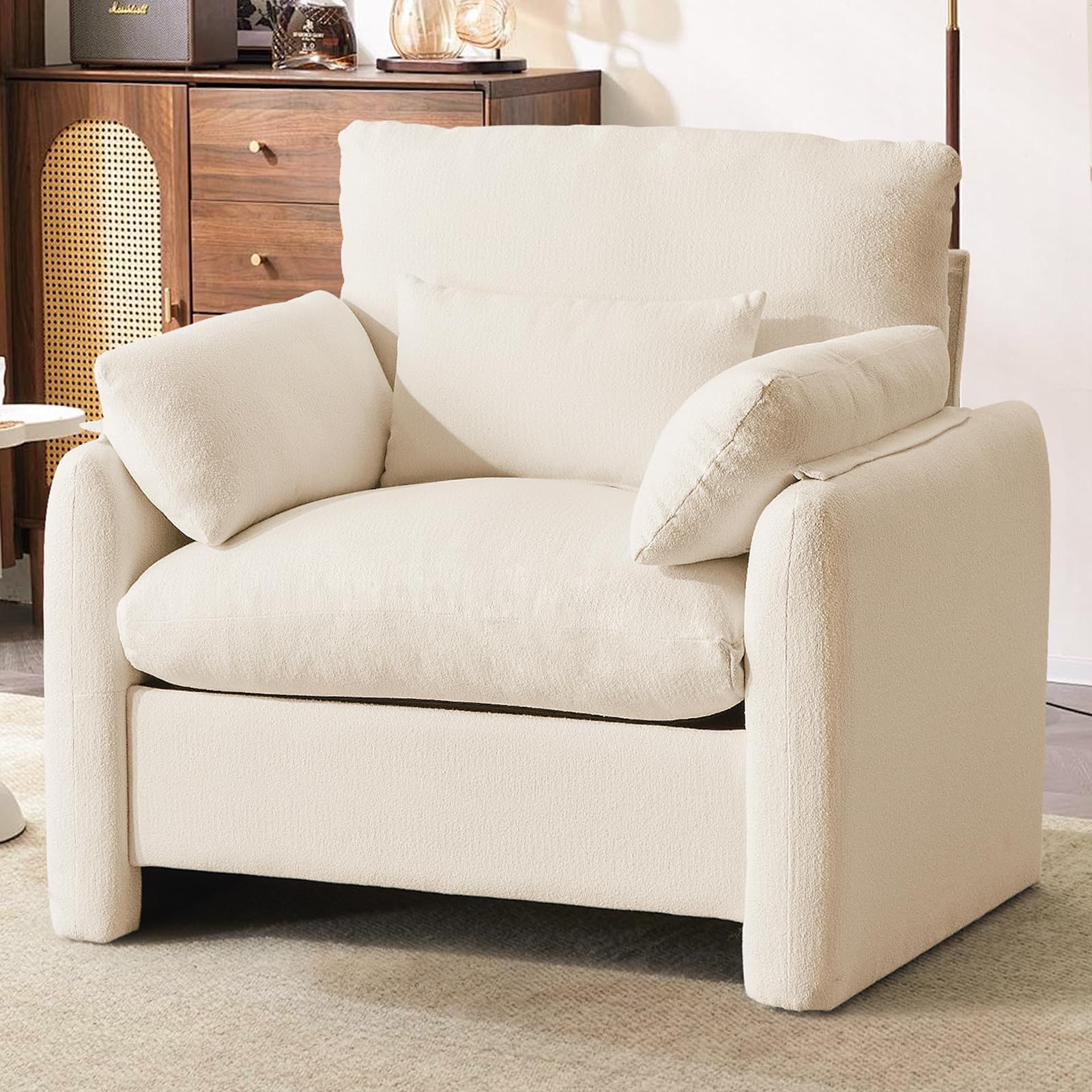 Extra-Grand Poltrona Salotto, 93.5cm Divano Singolo Poltrone Camera da Letto con Braccioli Rimovibili e Cuscino, Poltrona Imbottita Relax per Salotto Soggiorno Camera da Letto, Beige