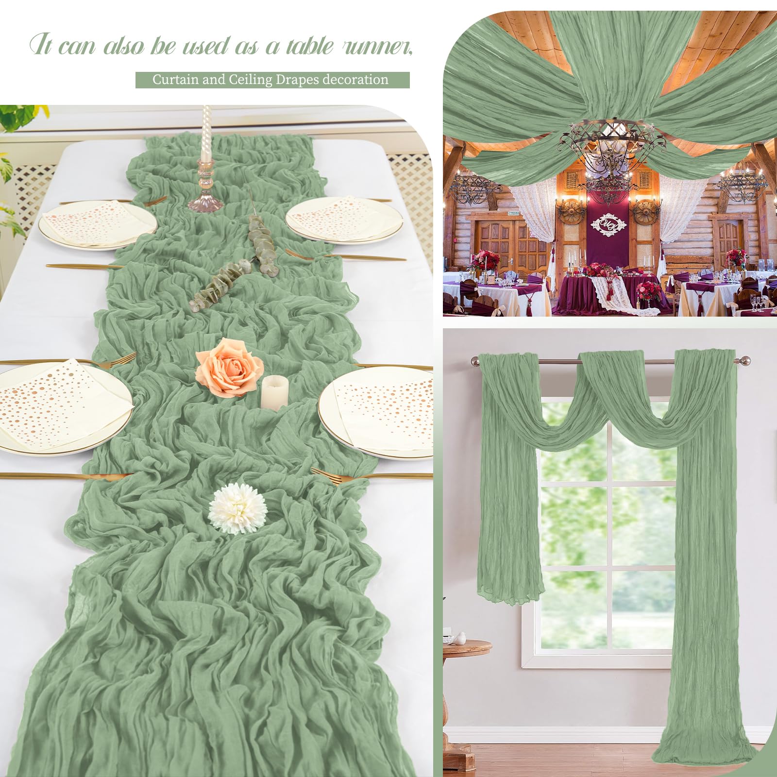 Vorhangstoff für Hochzeitsbögen, 4 Paneele, 6 m, Salbeigrün, Seihtuch, Stoff, Vorhang, Laube für Hochzeit, Seihtuch, Hintergrund, Vorhänge für Zeremonie, Party, Decke