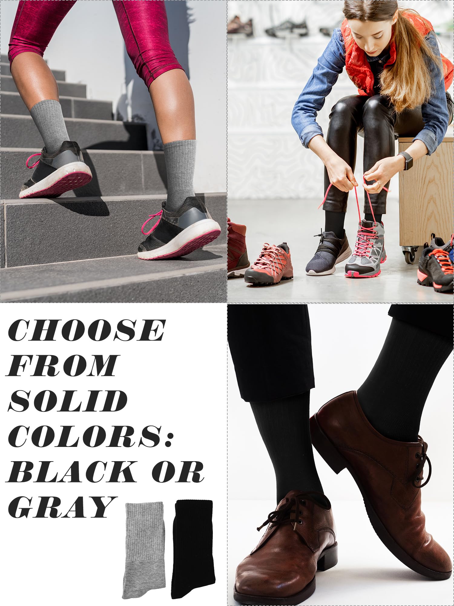 Suhine 50 Paar Homeless Crew Socken Weiche Baumwolle Feuchtigkeitstransport Socken Bulk Sport Baumwolle Unisex Dicke Tube Socken für Thanksgiving Obdachlose Männer Frau Kinder, Schwarz, Grau,