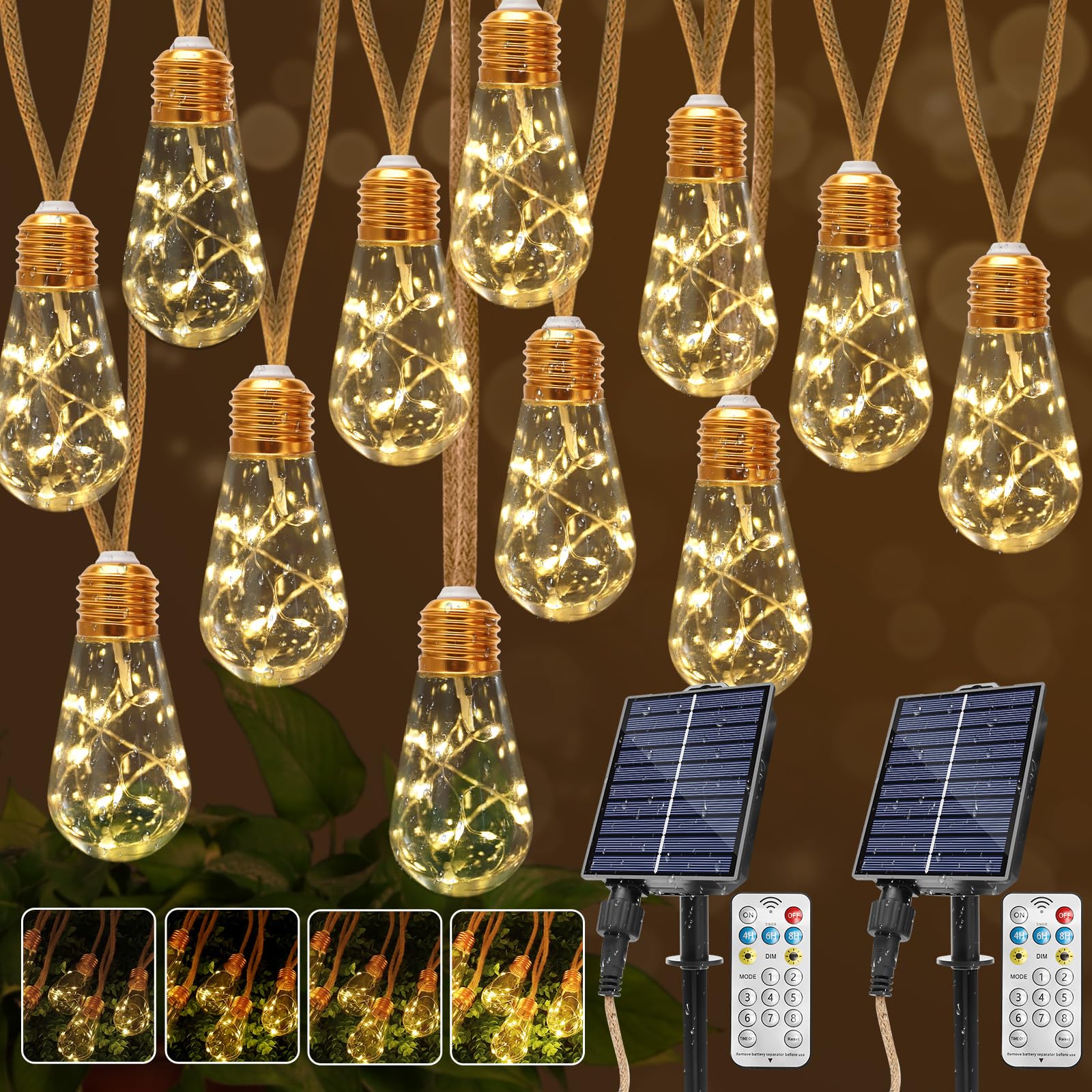 2 luci solari per esterni, 16 m, 32 lampadine, 8 modalità, catena di luci solari per esterni, impermeabile, IP65, per giardino, terrazza, balcone, matrimonio, bianco caldo