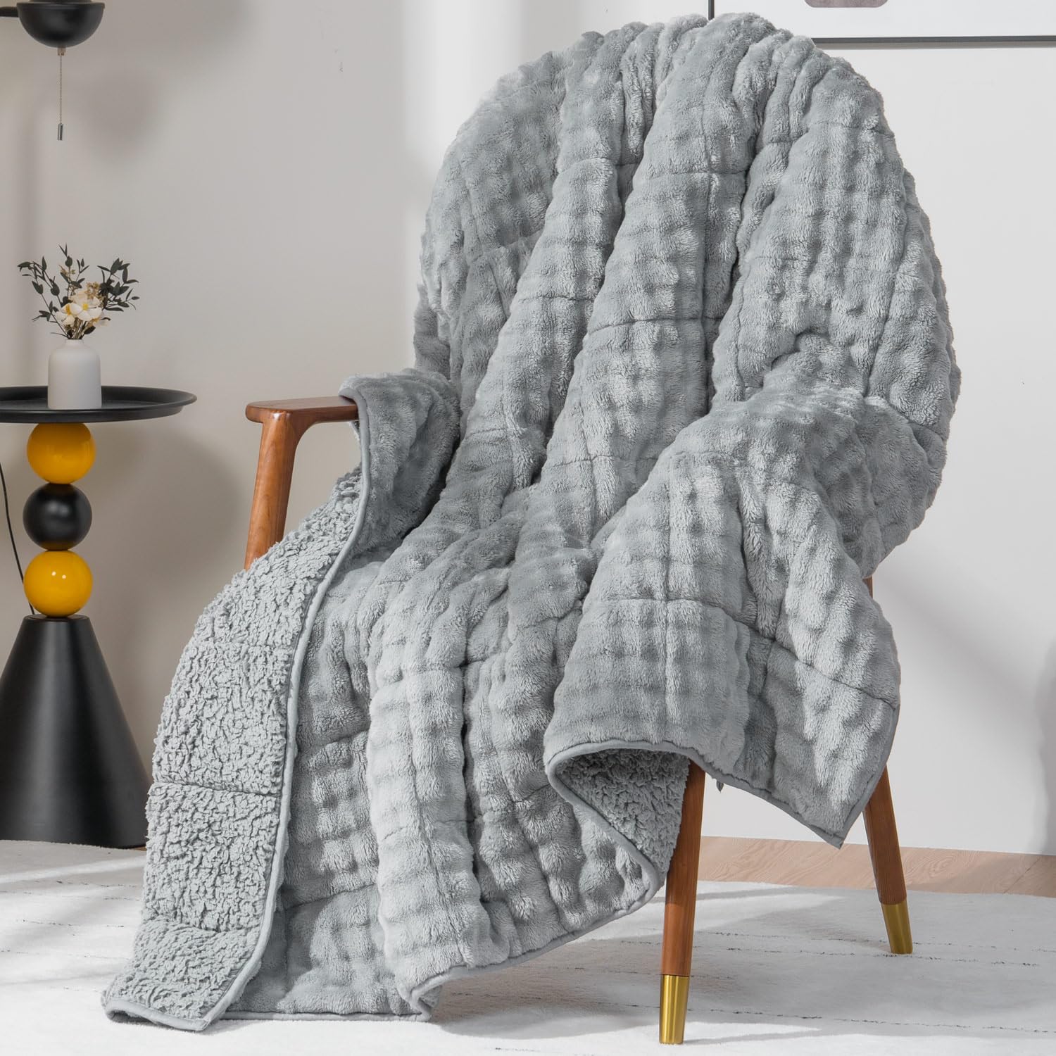 Cottonblue Weighted Blanket for Adults Queen Size 15 lbs, Soft Fuzzy Fleece Sherpa Weighted Throw Blankets 60x80 inches, Warm Cozy Fluffy Bubble GreyWinter Heavy Blanket for Bed Sofa Women Men Present