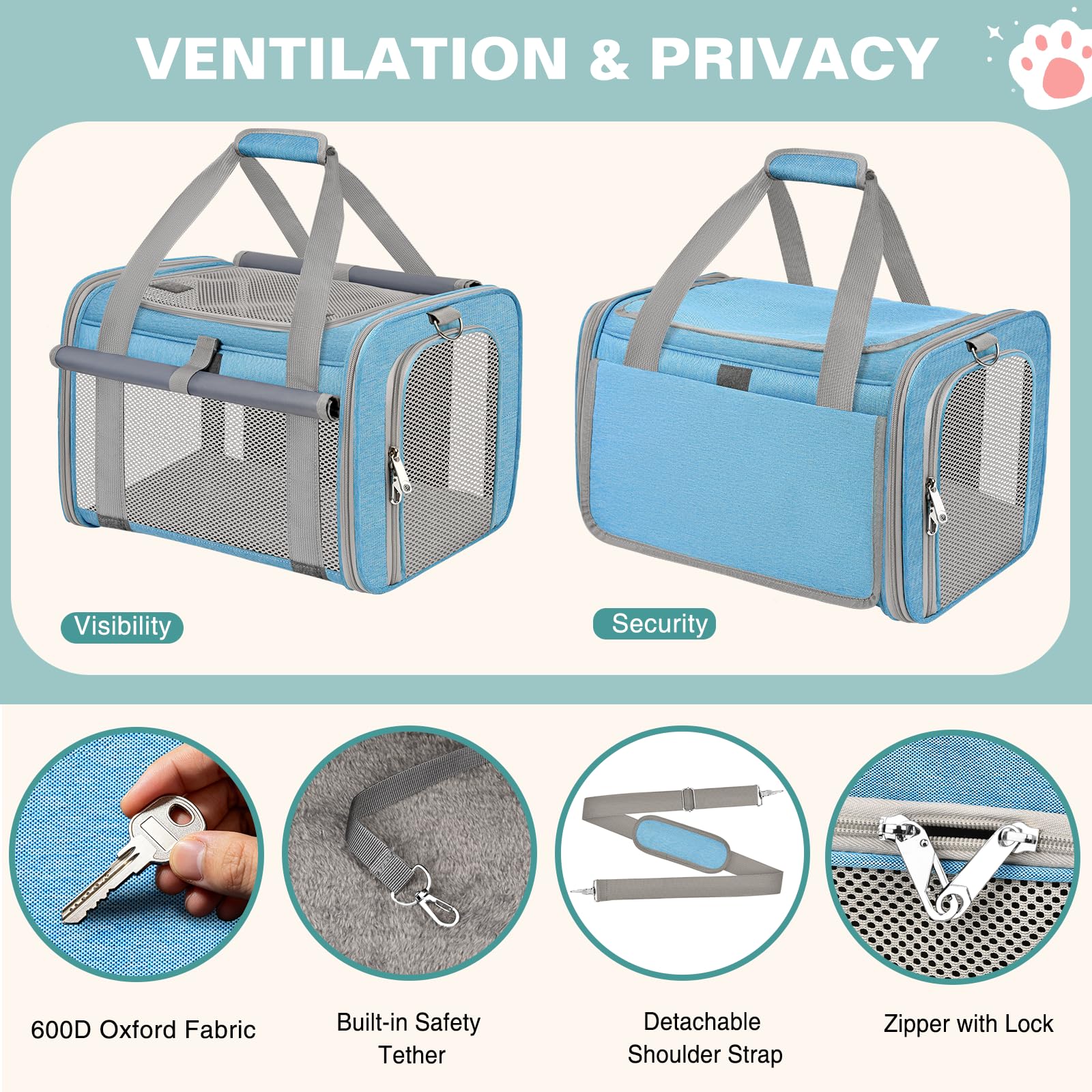 Katzentransportbox Flugzeugtauglich Hundebox Faltbar Weichseitige Transportbox Katze mit Innenleine Belüftung Katzentransporttasche für Reisen Auto Tierarzt bis 10kg (Himmelblau)