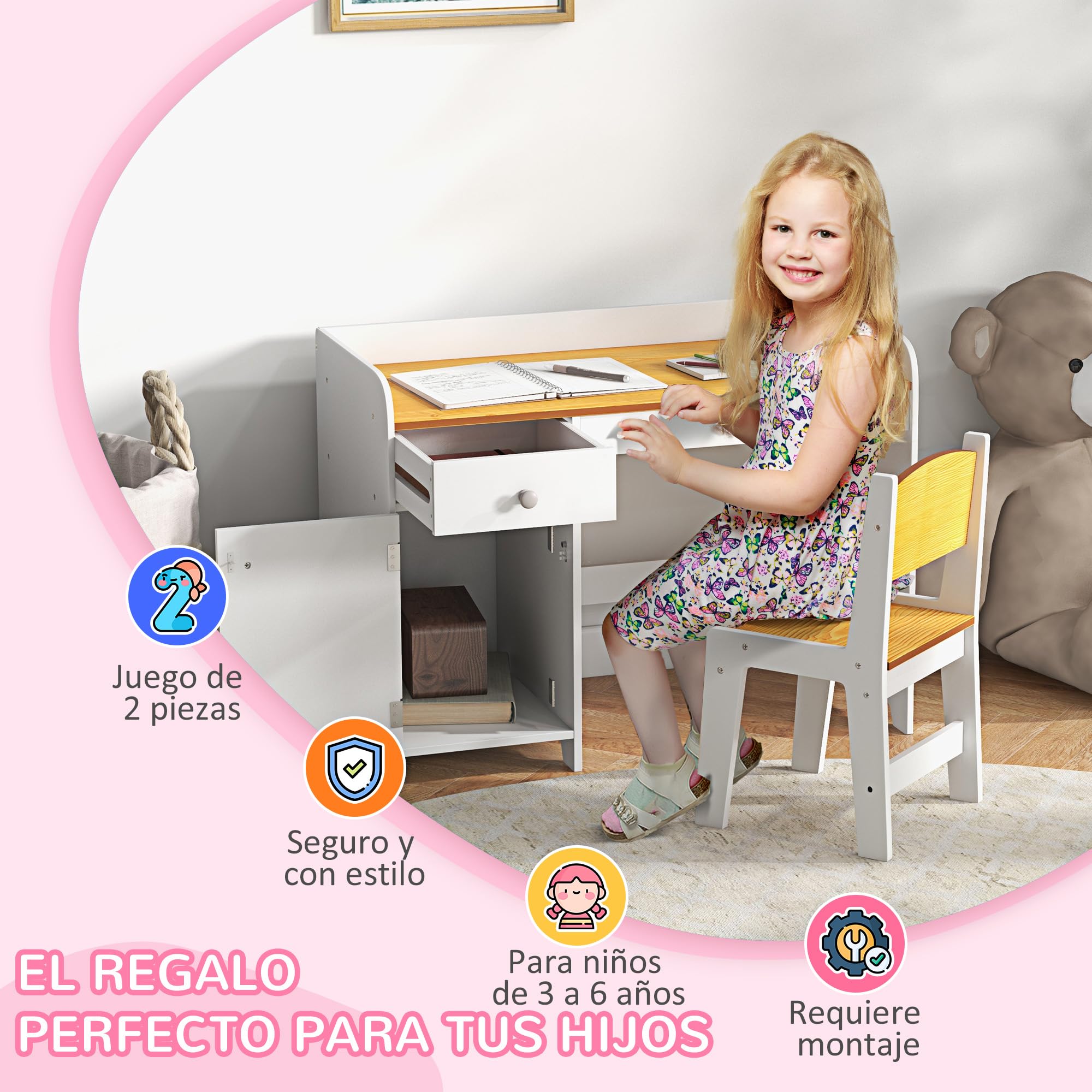 ZONEKIZ Conjunto de Escritorio de 2 Piezas Pupitre Infantil Escritorio para Niños Incluye Silla y Mesa con Cajón y Armario para Dormitorio Sala Blanco y Natural