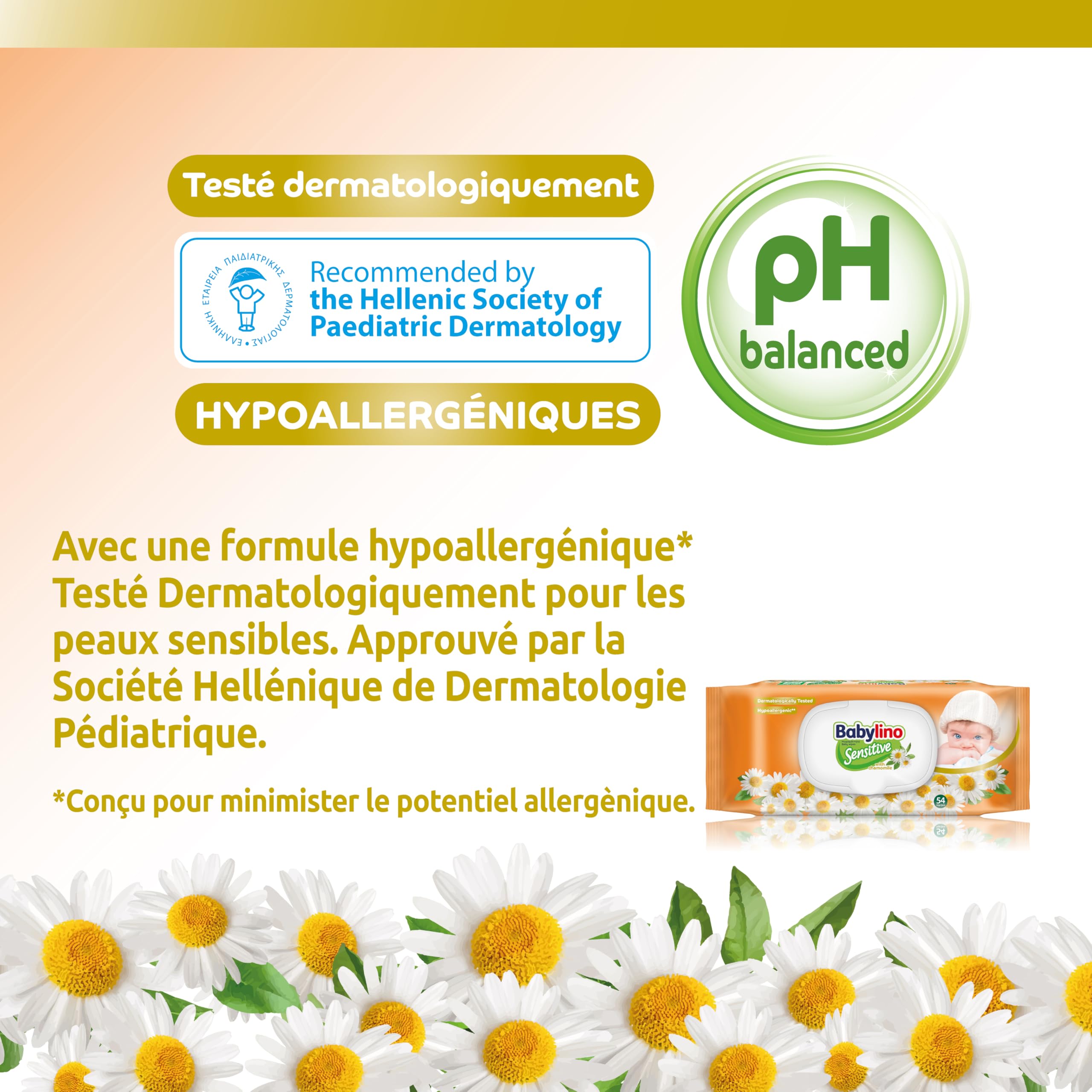 Babylino Sensitive Lingettes au délicat parfum de Camomille, Formule 98% Naturelle qui restaure le pH naturel de la peau, 3 paquets avec capot refermable, 162 lingettes