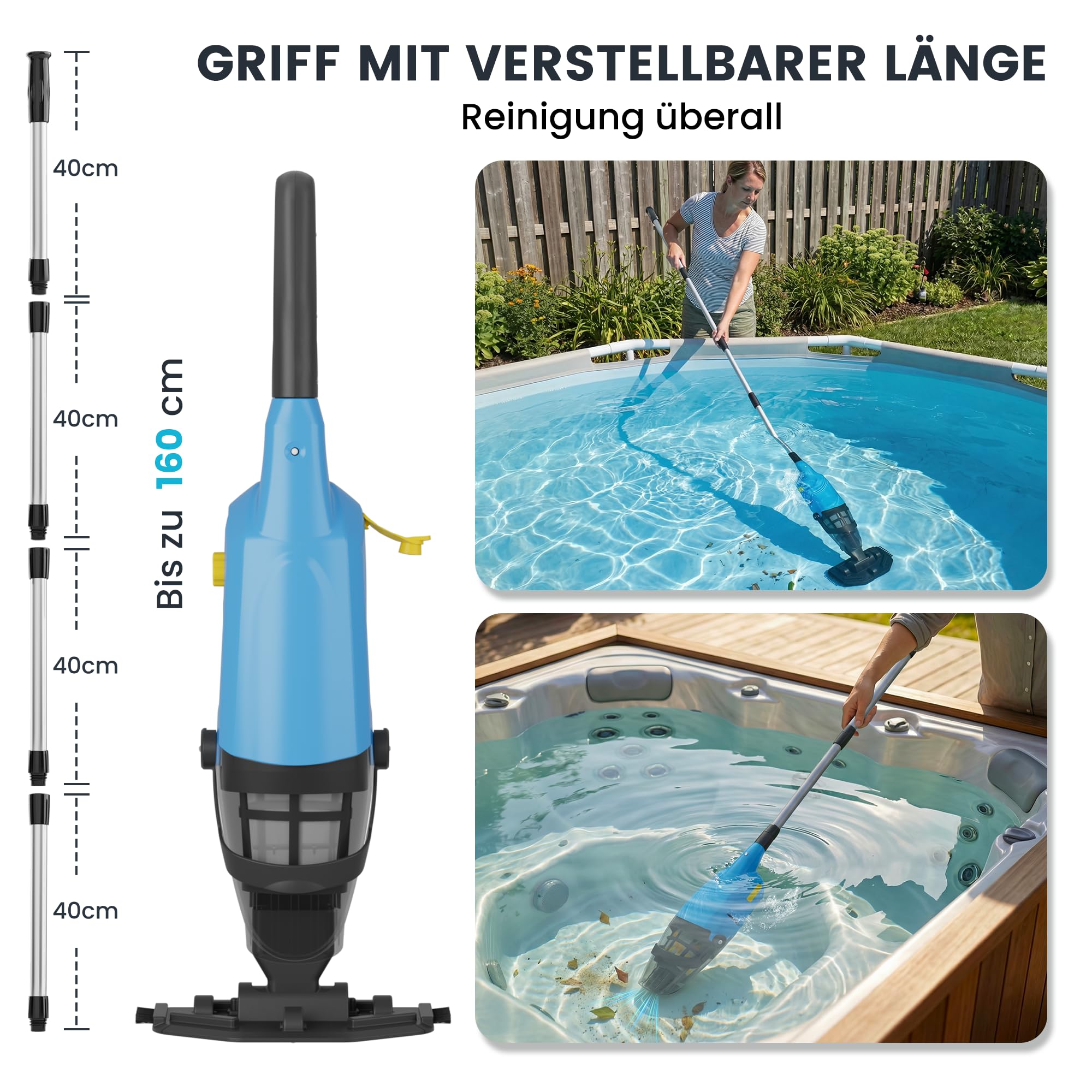 Poolsauger Akku, Pool Bodensauger mit Betriebsdauer bis zu 60-90 Minuten, 160 cm Teleskopstange, Poolreiniger mit 4 Filtern, Absaugung bis zu 4088 L/h, Ideal für oberirdische Pools/Spas Whirlpool