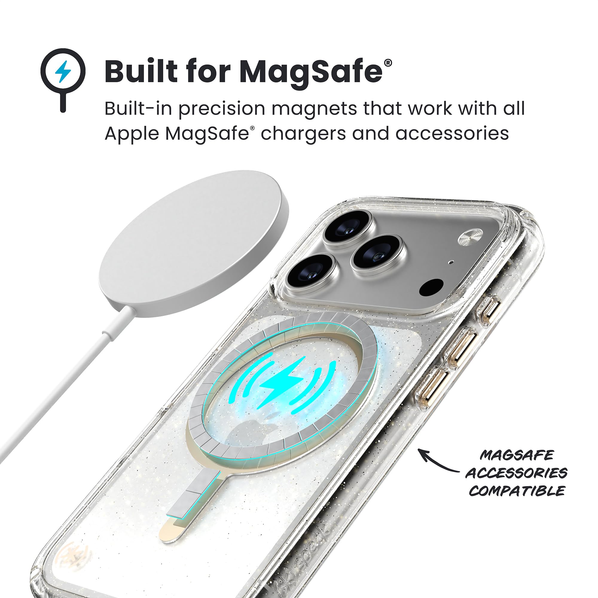 Speck Presidio LUX - Custodia protettiva sottile per iPhone 17 Pro, compatibile con MagSafe, glitterata/oro metallizzato