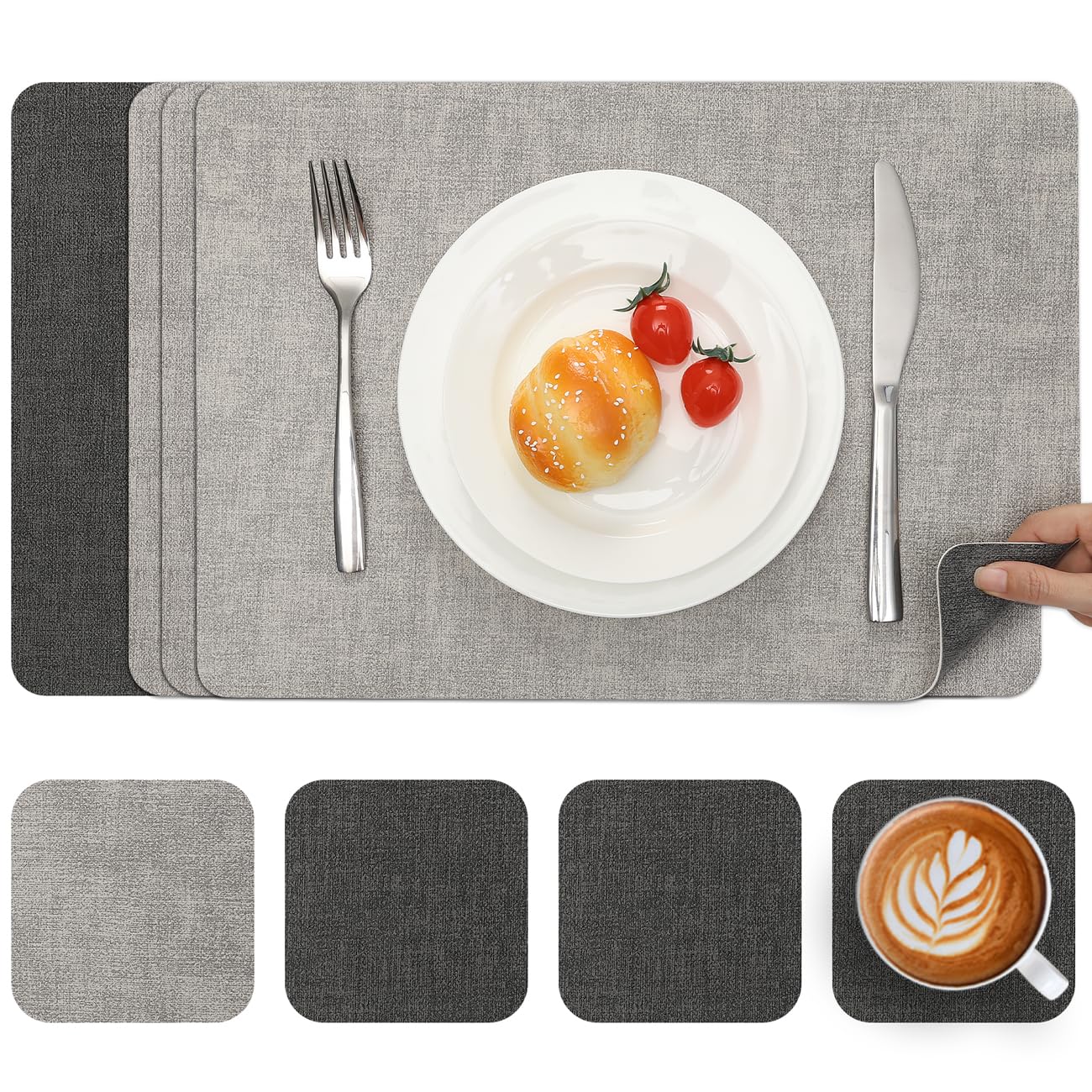 Myir Jun Light Grey Grey Placemats And Coasters Set Of 4 Dual Sided Faux Leather Table Mats