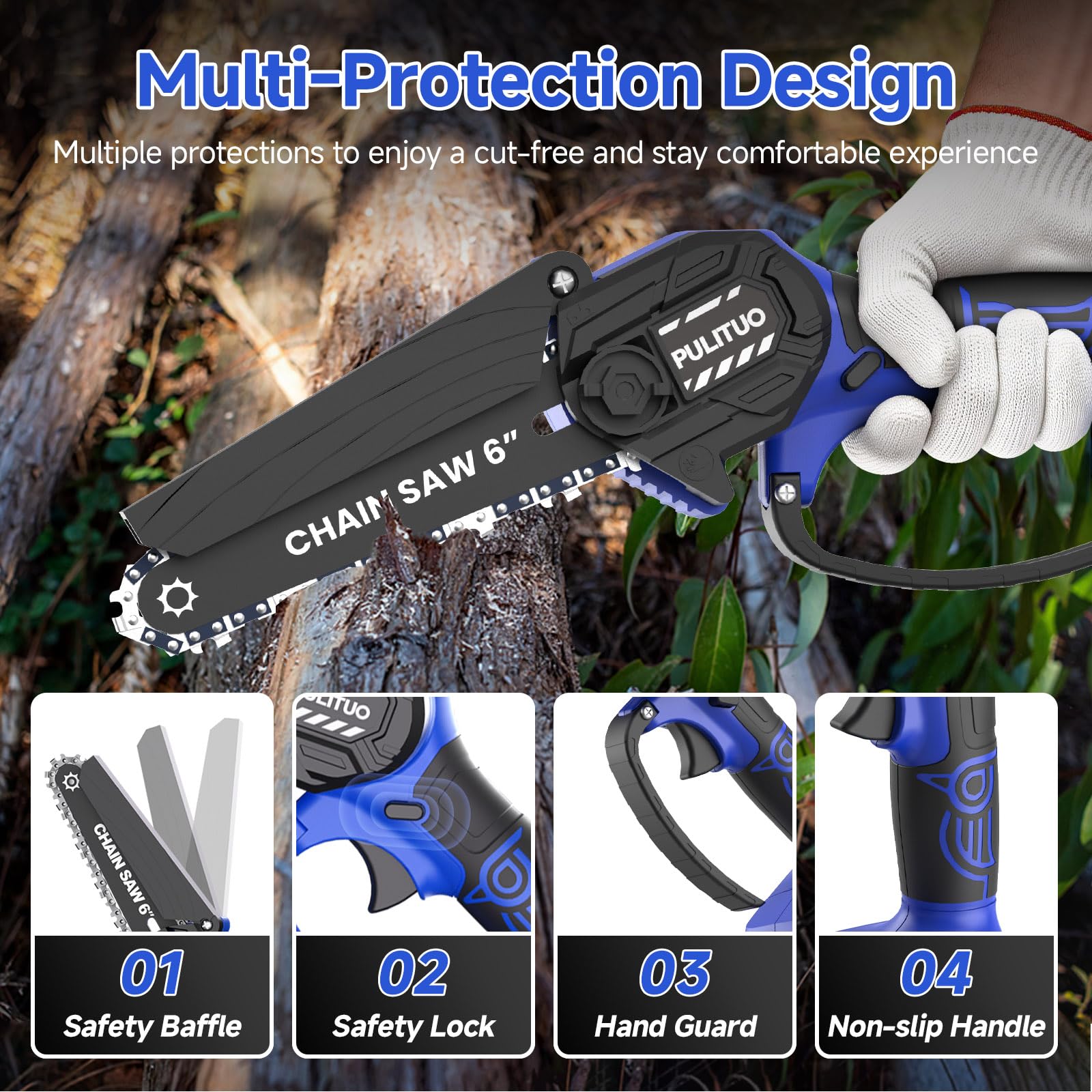 PULITUO Mini Motosierra de Batería 6 Pulgadas / 15 cm con 2 x 2000mAh Baterías, Sierra Eléctrica sin Cable sin Escobillas con Maletín y 2 Cadenas, Minimotosierra para Poda, Jardín y Corte de Madera