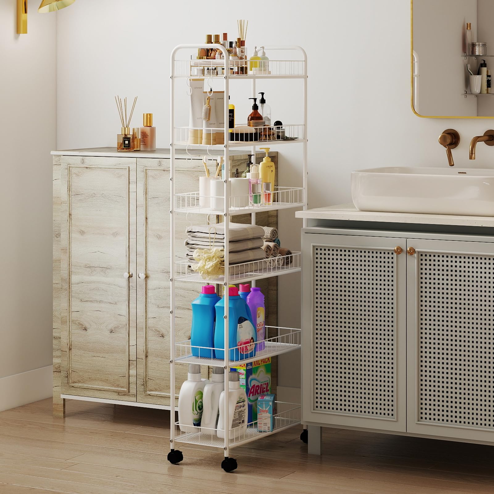 HAUSPROFI Küchenregal Schmal, 6 Etagen Regal mit Rollen, 4 Abschließbaren Rädern und Fußpolstern, 6 Haken, Griff und Korb, für Enge Räume wie Küche, Badezimmer usw., Weiß (58,0 × 25,4 × 155,5 cm)