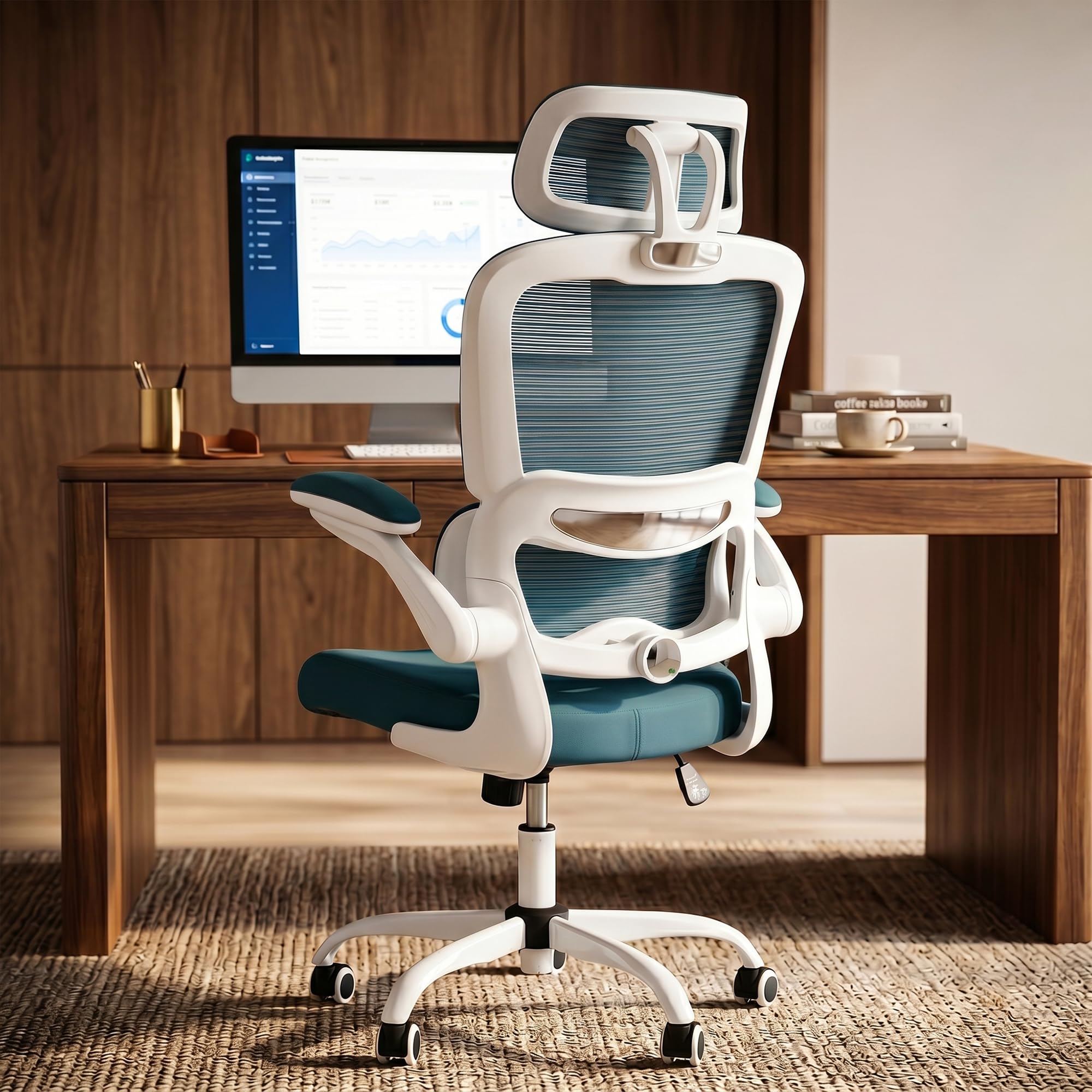 DROGO Premium Ergonomic Office Chair for Work from Home, High Back Computer Chair with Adjustable Seat, Lumbar Support & Headrest, Flip-up Armrest & Recline | Mesh Chair for Office/Home (Teal)