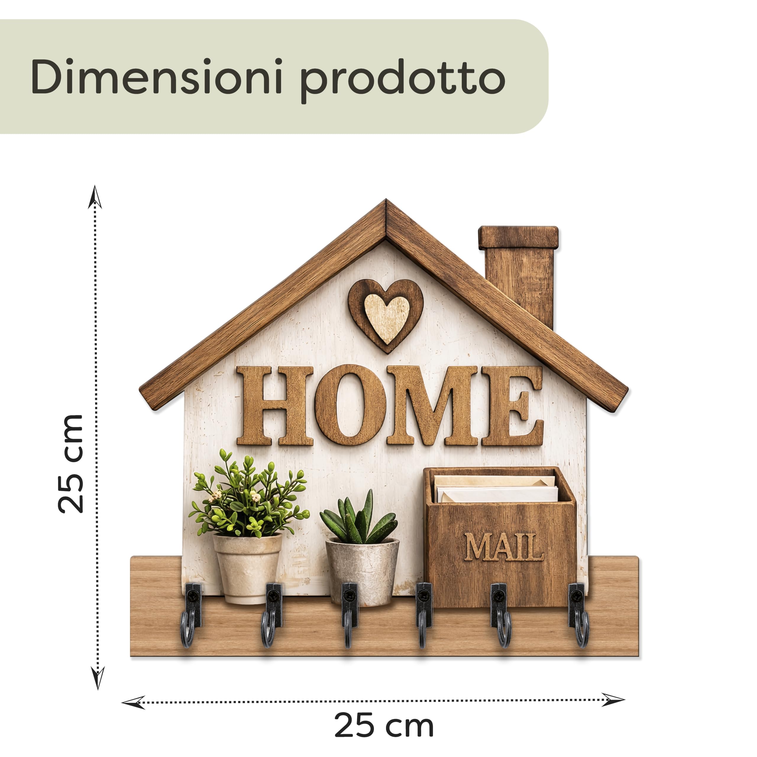 DEKORI Appendichiavi da Parete HOME in Legno – Portachiavi da Muro 6 Ganci Metallo – Decorazione Ingresso Casa Stile Country Moderno – Organizer Chiavi Parete – Made in Italy