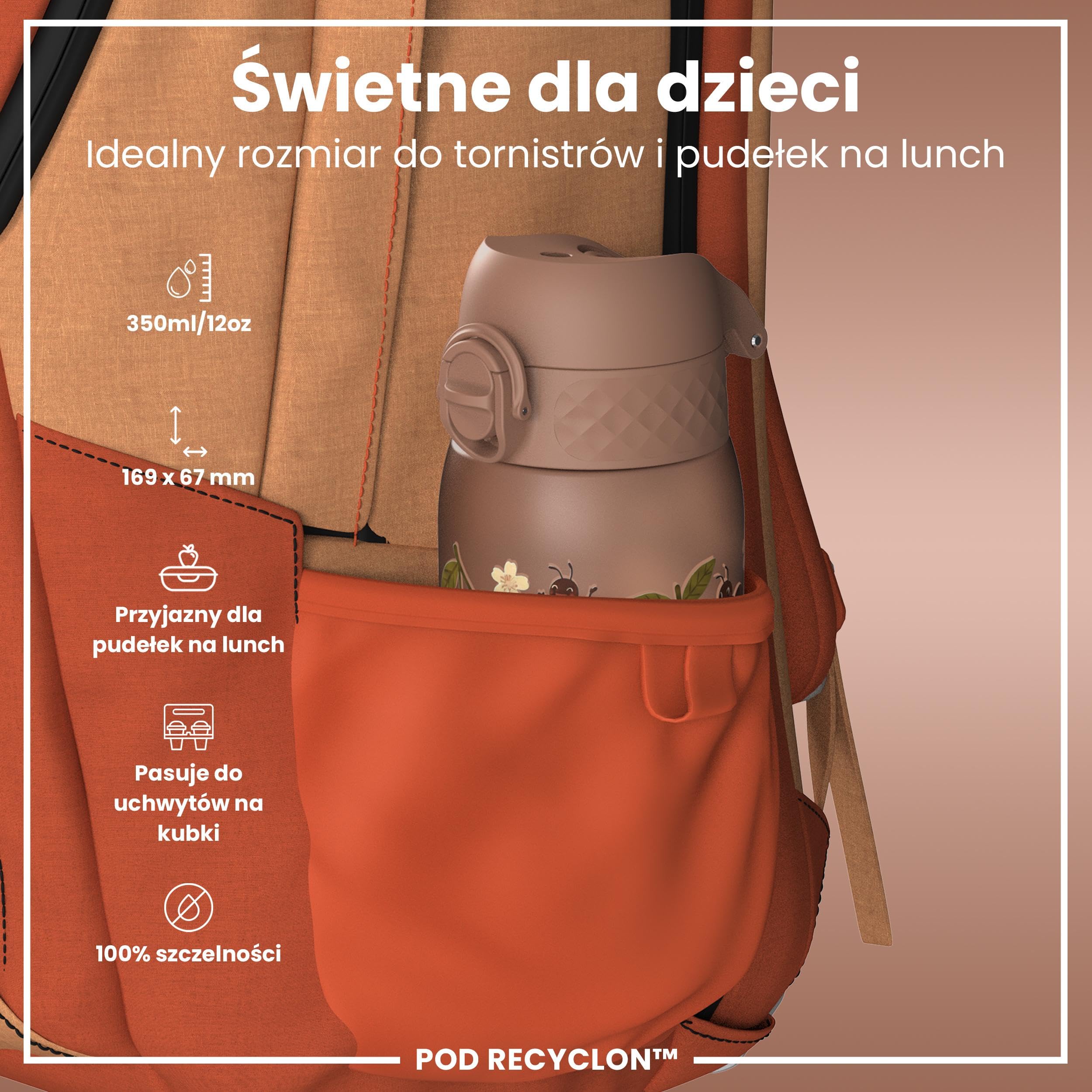 ION8 Butelka dla Dzieci, 350 ml/12 oz, Szczelna, Łatwa do Otwarcia, Bezpieczny Zamek, Można Myć w Zmywarce, Bez BPA, Uchwyt do Przenoszenia, Łatwa do Czyszczenia, Bezwonny, Wiśnie