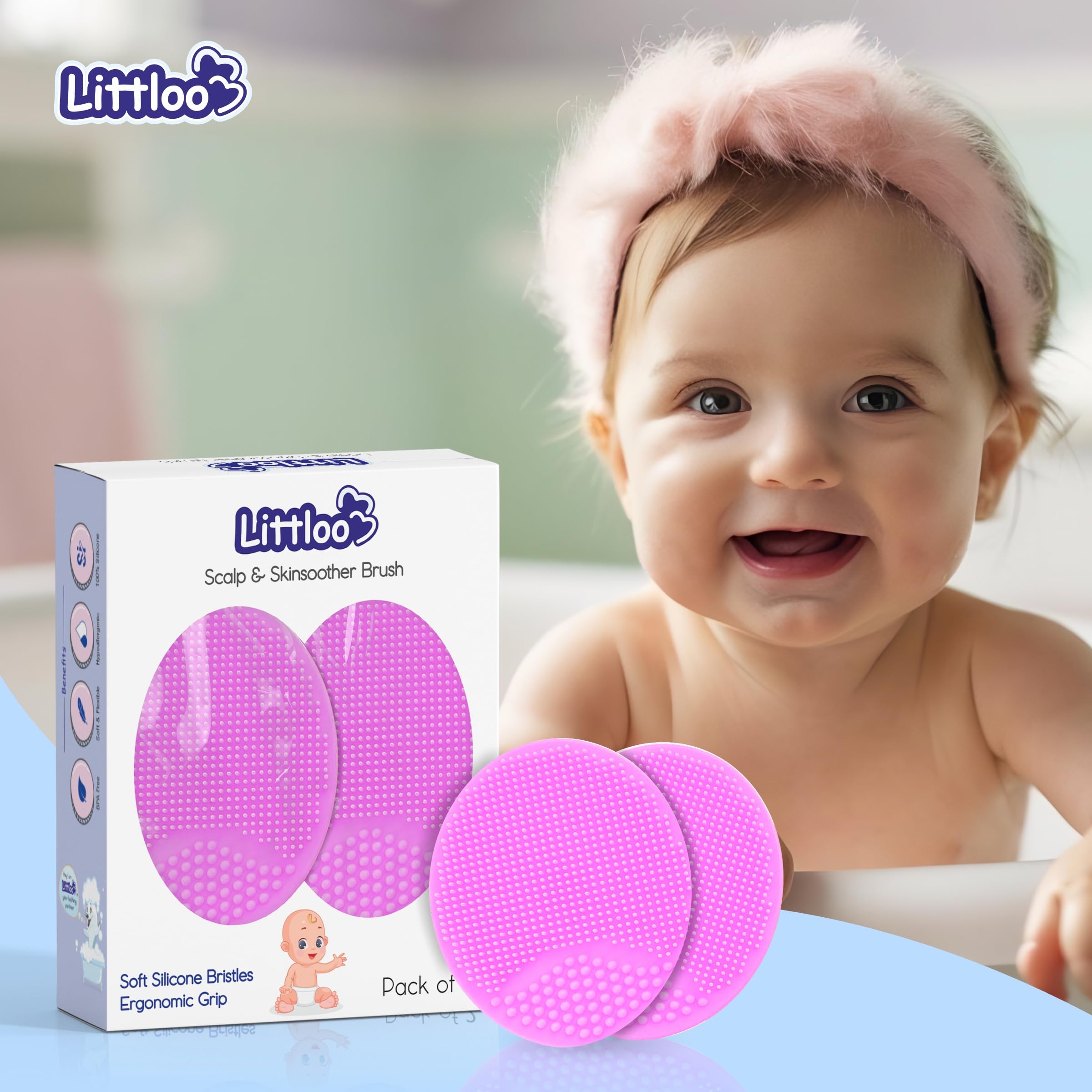 Littloo Baby Cradle Cap Brush & Scalp Massager Pink (Pack of 2) | Ultra-Soft Silicone Bristles | Safe from Birth | Gentle Scalp Care for Newborns & Toddlers | Easy to Clean 3